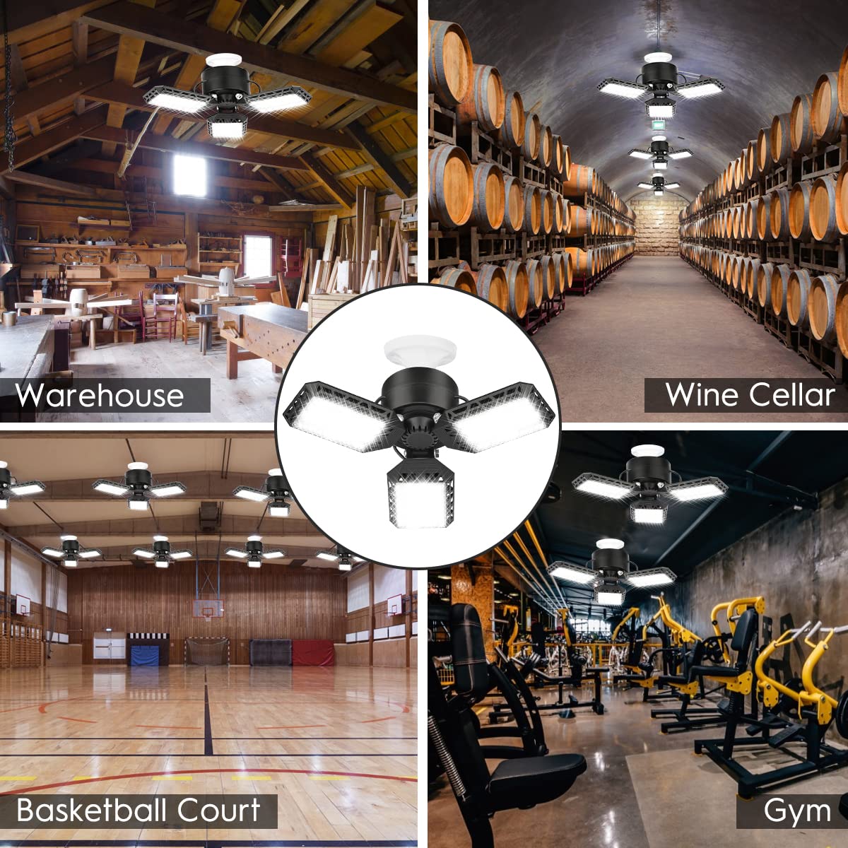 4 Pack LED Garage Lights, 60W Deformable Ceiling Light 8000LM E26 with 3 Adjustable Panels for Garage, Workshop, Warehouse & Barn