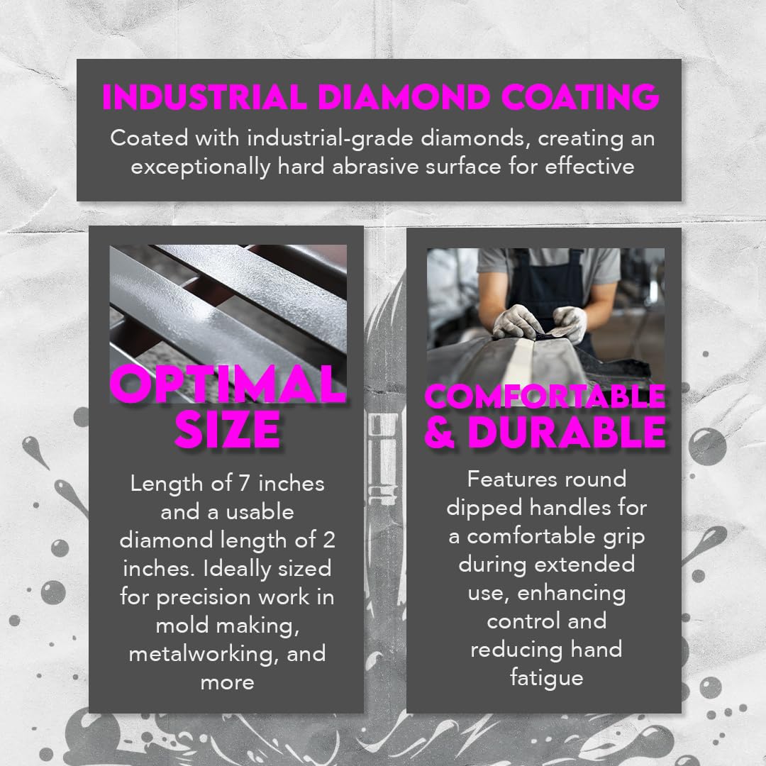 SE 74330DF 6-Piece Diamond Grit File Set, Multi-Grit Flat Files for Metal Glass Stone, 7″ Length, 2″ Diamond Surface, Round Handles, PVC Pouch