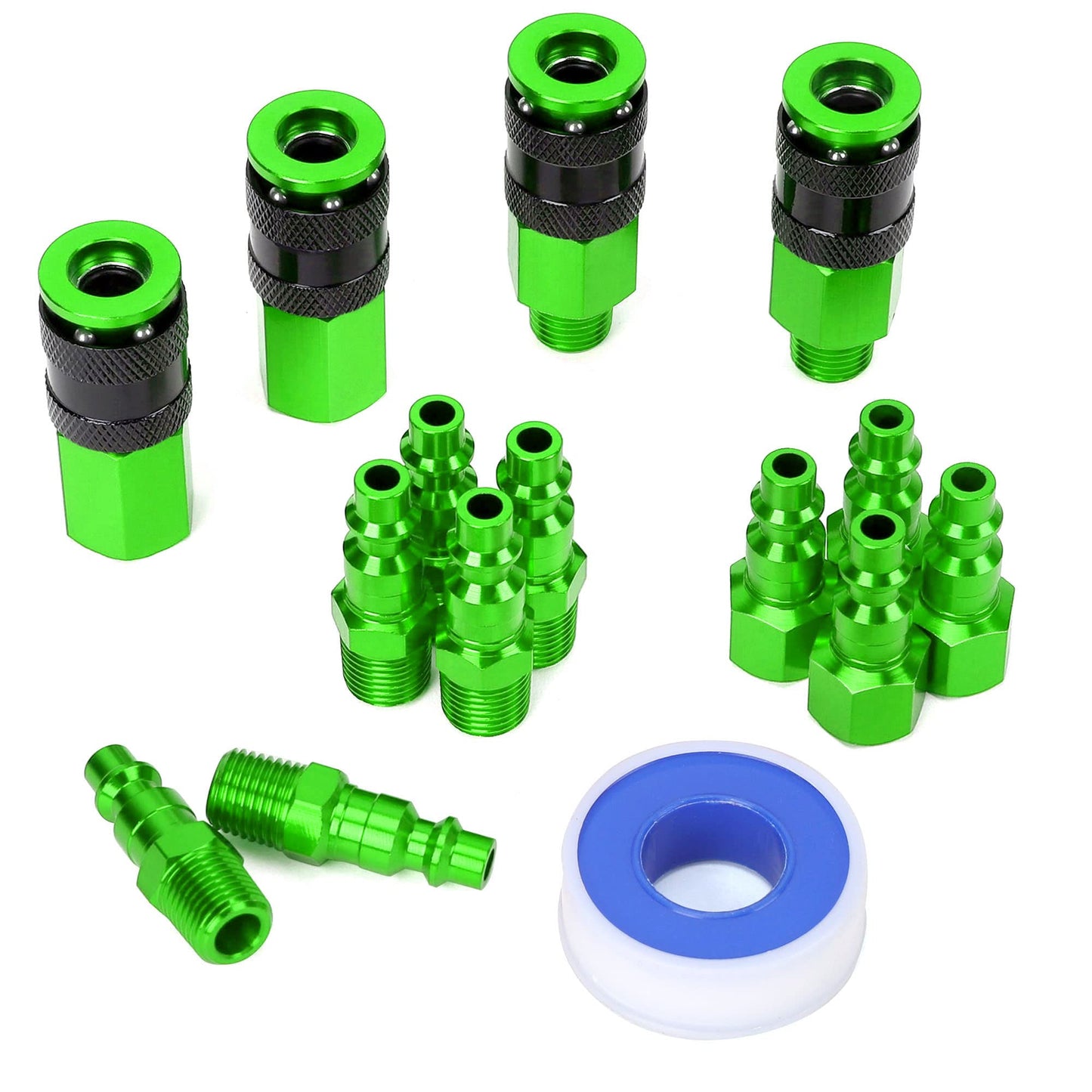 FYPower 15 Pieces 1/4" NPT Aluminum Air Coupler and Plug Kit, Quick Connect Air Fittings, Industrial Quick Connector Set (Green)