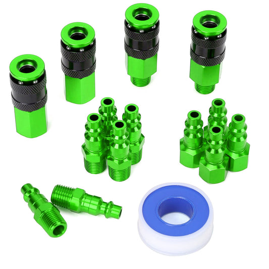 FYPower 15 Pieces 1/4" NPT Aluminum Air Coupler and Plug Kit, Quick Connect Air Fittings, Industrial Quick Connector Set (Green)