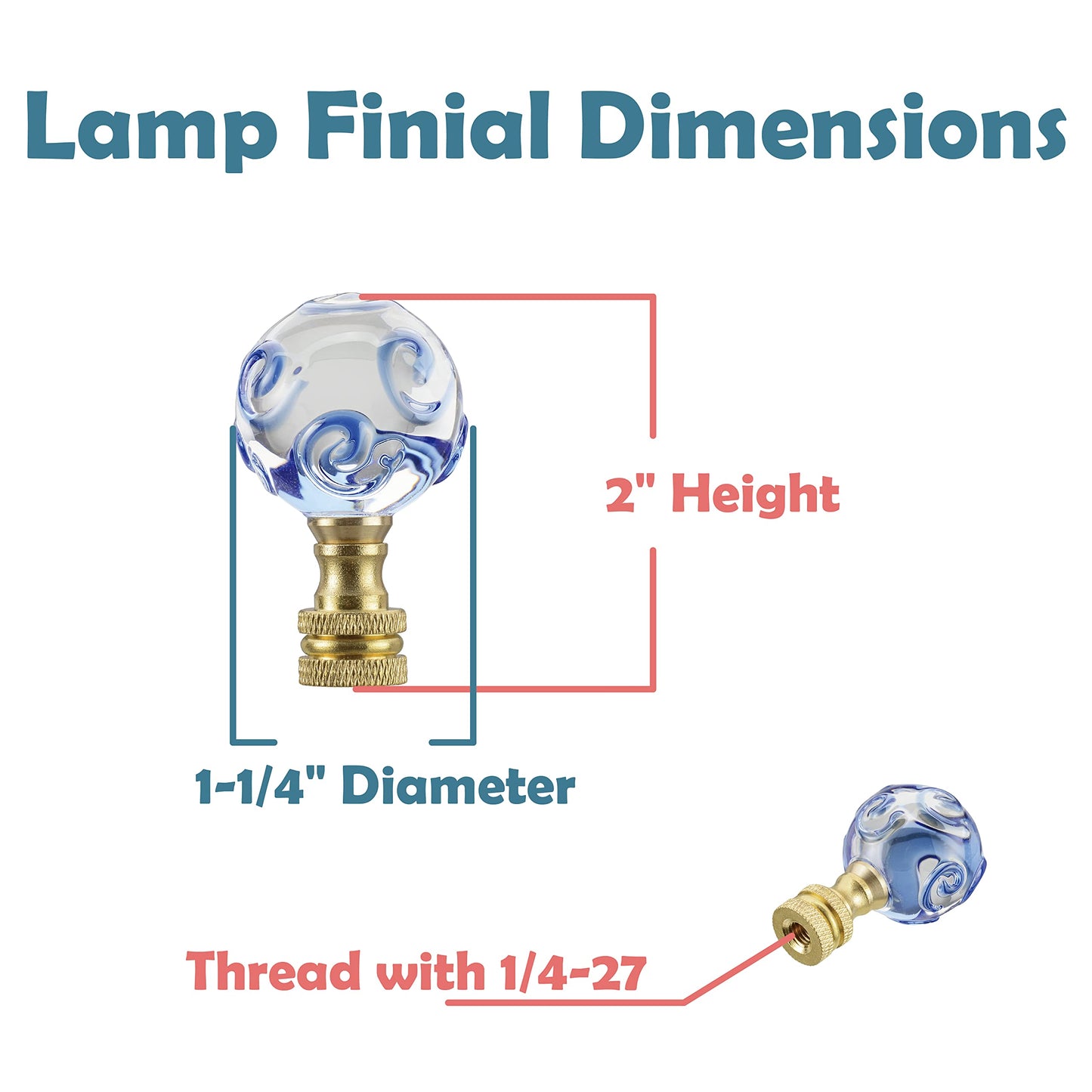 Aspen Creative 24034-21, Sphyer Finial for Lamp Shade, Clear Glass w/Blue Spiral Grain 2 Tone in Brass, 2" Height