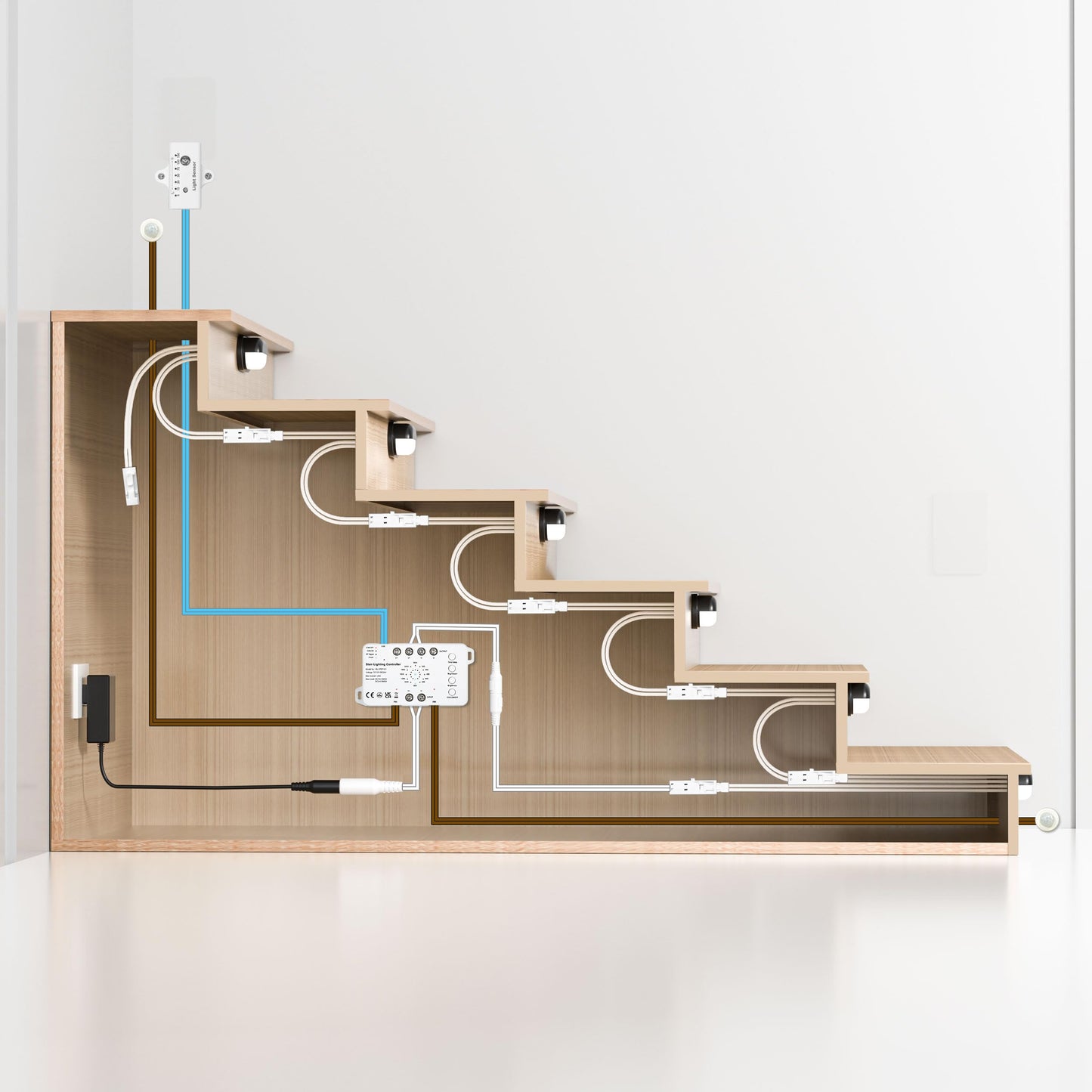 **RWOFNIA Motion-Triggered LED Stair Light Kit, Dimmable Warm White 3000K, Day/Night Sensor, Auto Off Delay, Indoor Stair Lighting for 14 Steps**