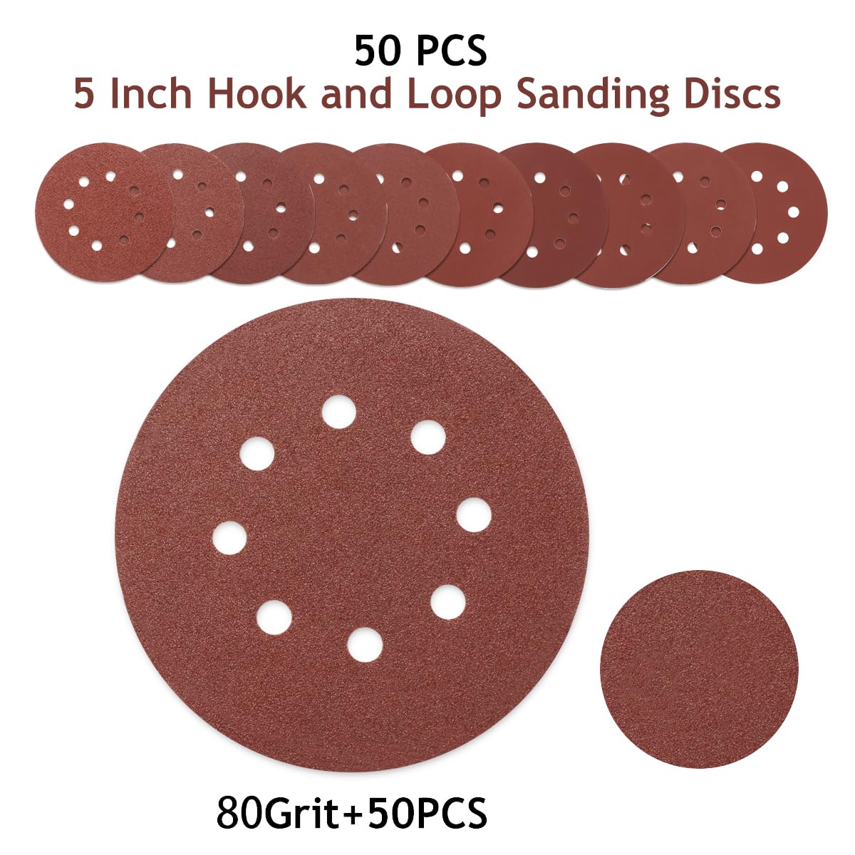 SUPBICCO 5 Inch 8 Hole Sanding Discs Hook and Loop, 50 PCS 80 Grit Round Sand Paper Disc, Aluminum Oxide Sandpaper Pads for Random Orbital Sander
