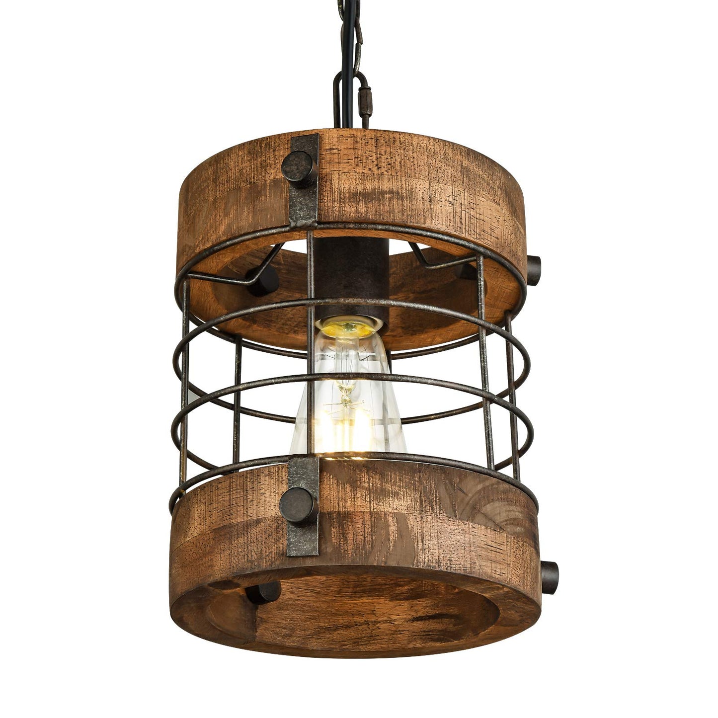 wochos Retro Industrial 1-Light Metal & Wood Cage Pendant Light, Round Chandelier for Kitchen, Dining, Foyer, Hallway, Bar (Brown)