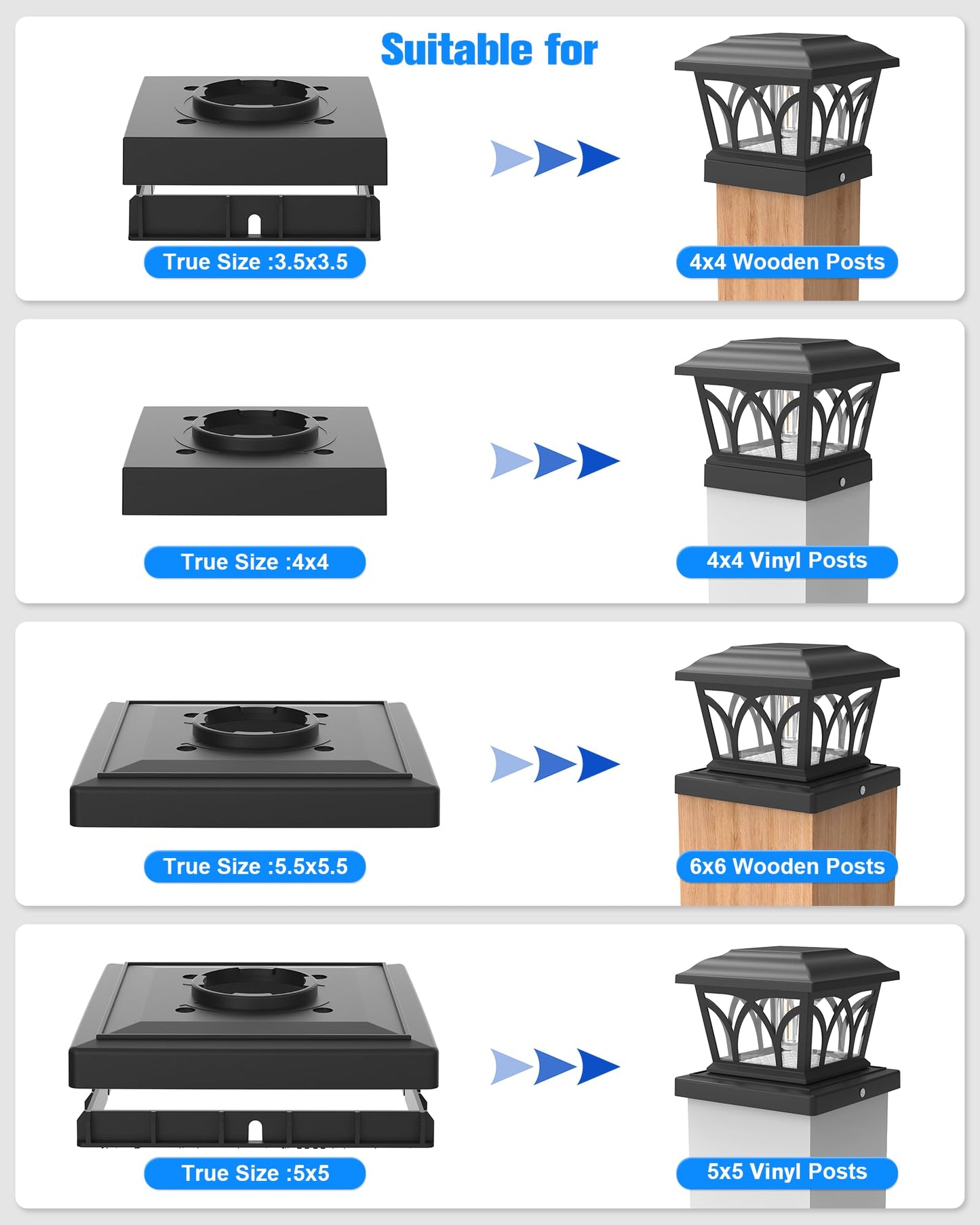 VOLISUN Solar Post Cap Lights 4-Pack with Edison LED Bulbs, 2 Brightness Modes, Fits 4x4 & 6x6 Posts, Outdoor Fence, Deck, Garden (Black)