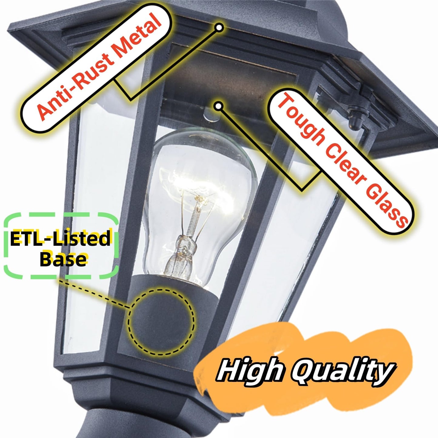 WISBEAM Outdoor Post Light, Pole Lantern, E26 Base 60W Max, Aluminum Housing Plus Glass, Wet Location Rated, ETL Qualified, Bulbs not Included, Black