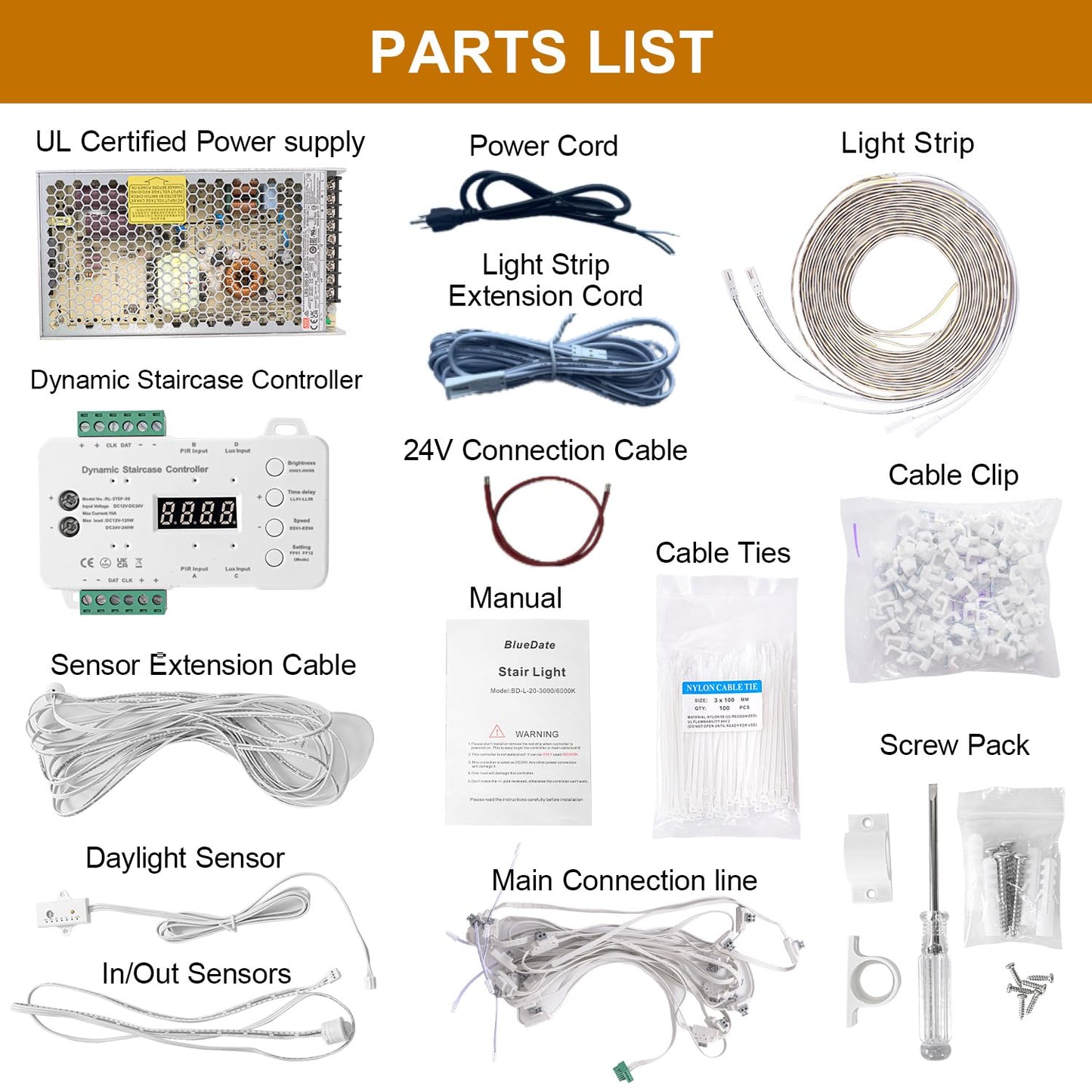 **BlueDate Motion Sensor LED Stair Lighting Kit, 60" Cuttable Strip Lights for Indoor Stairs, Cool White 6000K, 10–15 Steps**