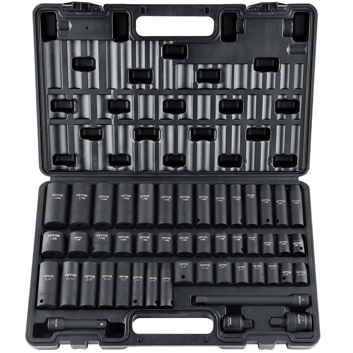VEVOR 48-Piece 3/8" Drive Impact Socket Set, SAE & Metric, Deep & Shallow, 6-Point, CR-V with Extension, Universal Joint & Reducer