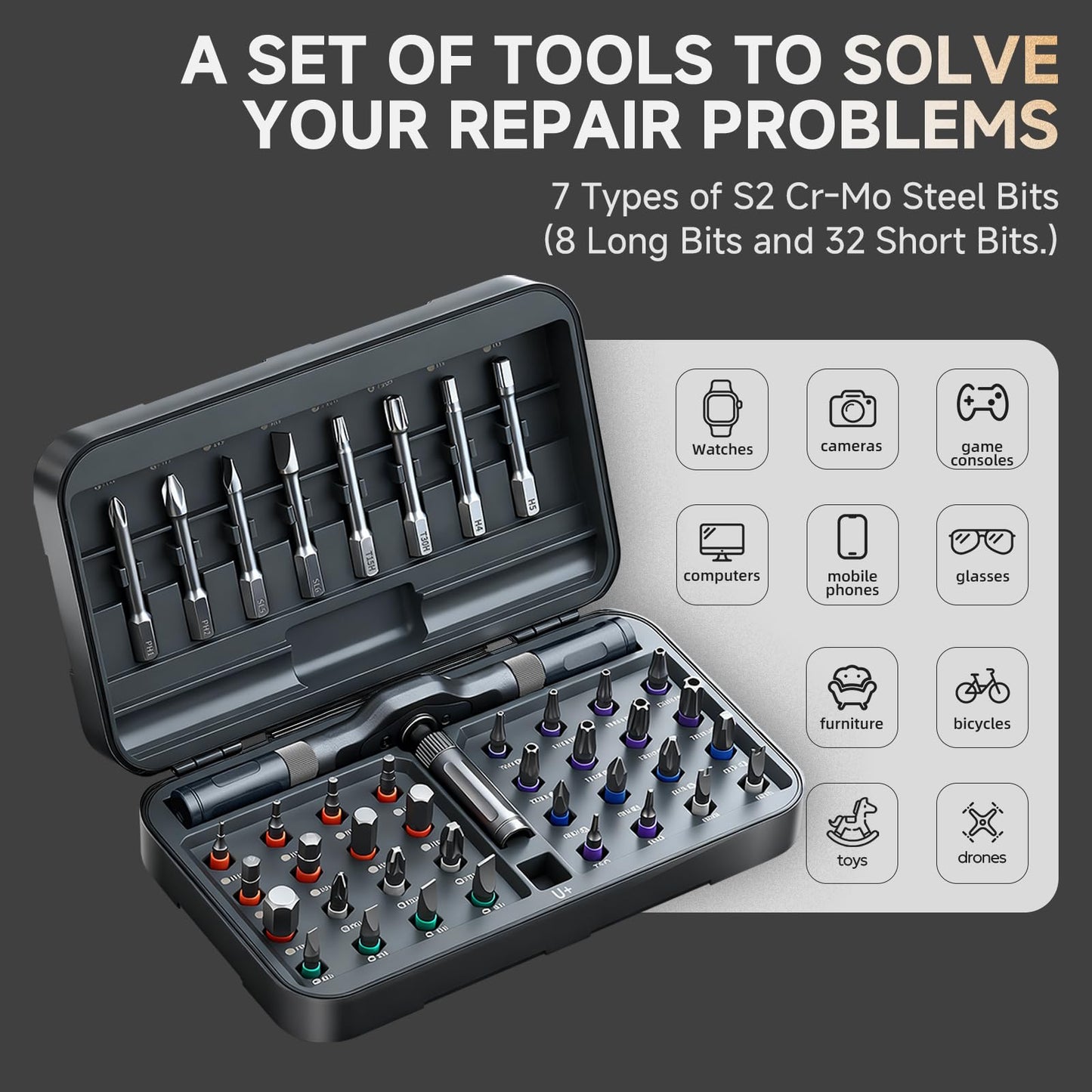 42-in-1 Magnetic Ratchet Screwdriver Set with Bits & Case, Compact DIY Repair Tool Kit for Furniture, Computers, Bikes, Gifts