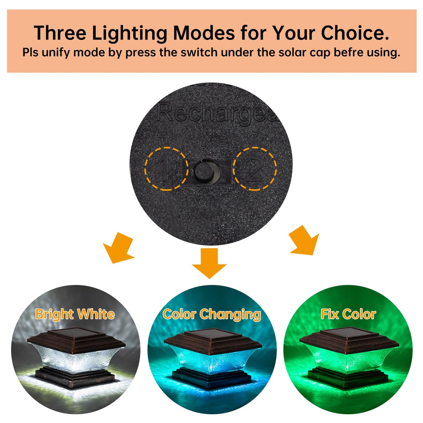 HUYIENO Solar Post Cap Lights 8pk, Outdoor LED Deck & Fence Lighting, Warm White & 7-Color RGB, Fits 4x4/5x5 Wooden Posts, Brushed Copper