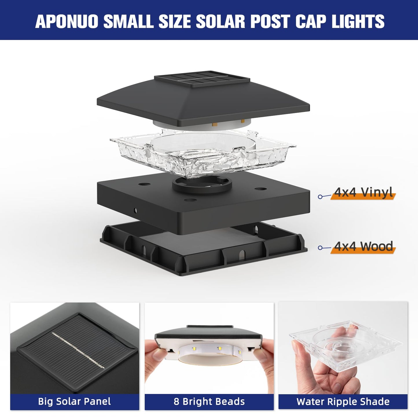 APONUO 4x4 Solar Post Cap Lights, 16 Pack Black – IP64 Waterproof Warm White LED, No-Wire Fence & Deck Lights for Patio & Garden