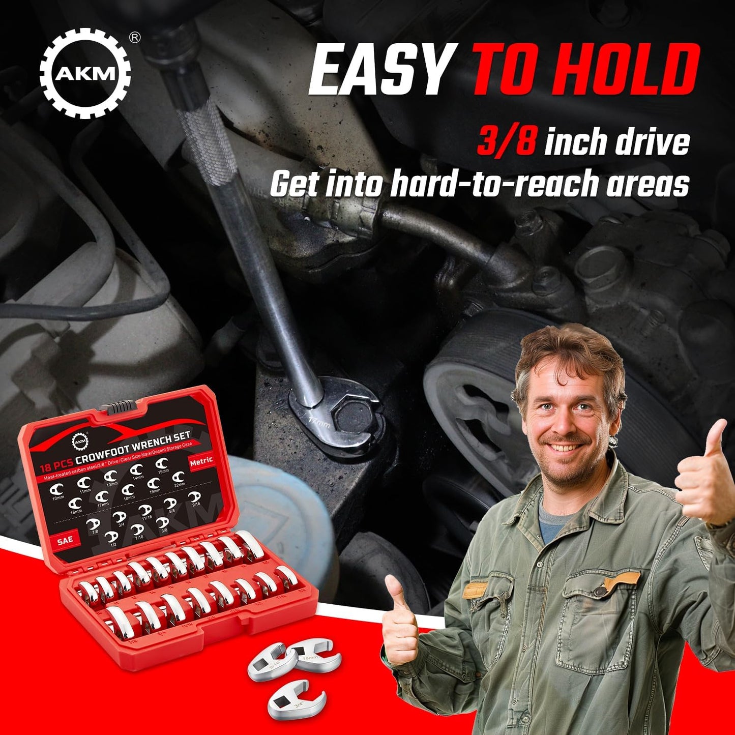 AKM 18-Piece 3/8" Drive Crowfoot Wrench Set, Cr-V Flare Nut Wrenches 6-Point SAE 3/8"-7/8" & Metric 10-22mm with Organizer Box
