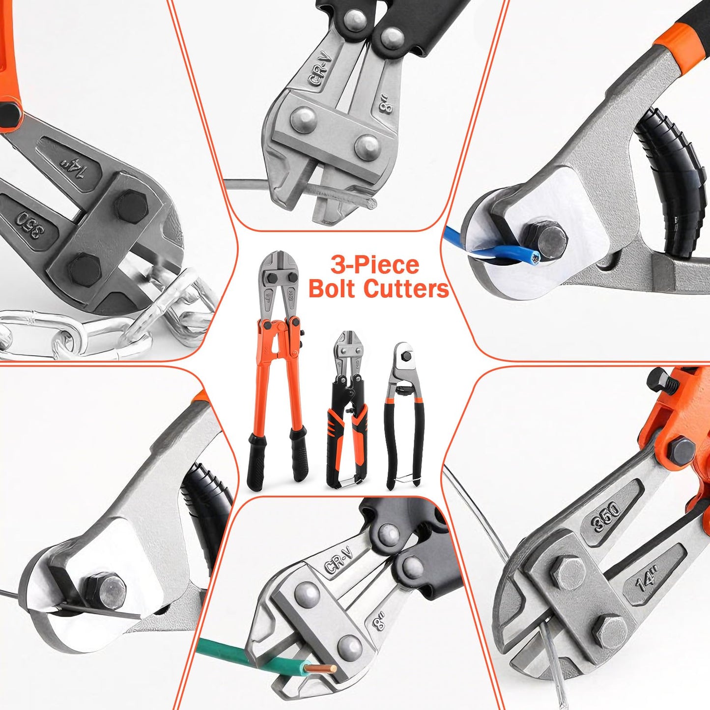 3Pcs Bolt Cutter Set with 14" Heavy Duty, 8" Mini & Wire Rope Cutters with Storage Bag for Locks, Chains, Steel, Metal, Fence