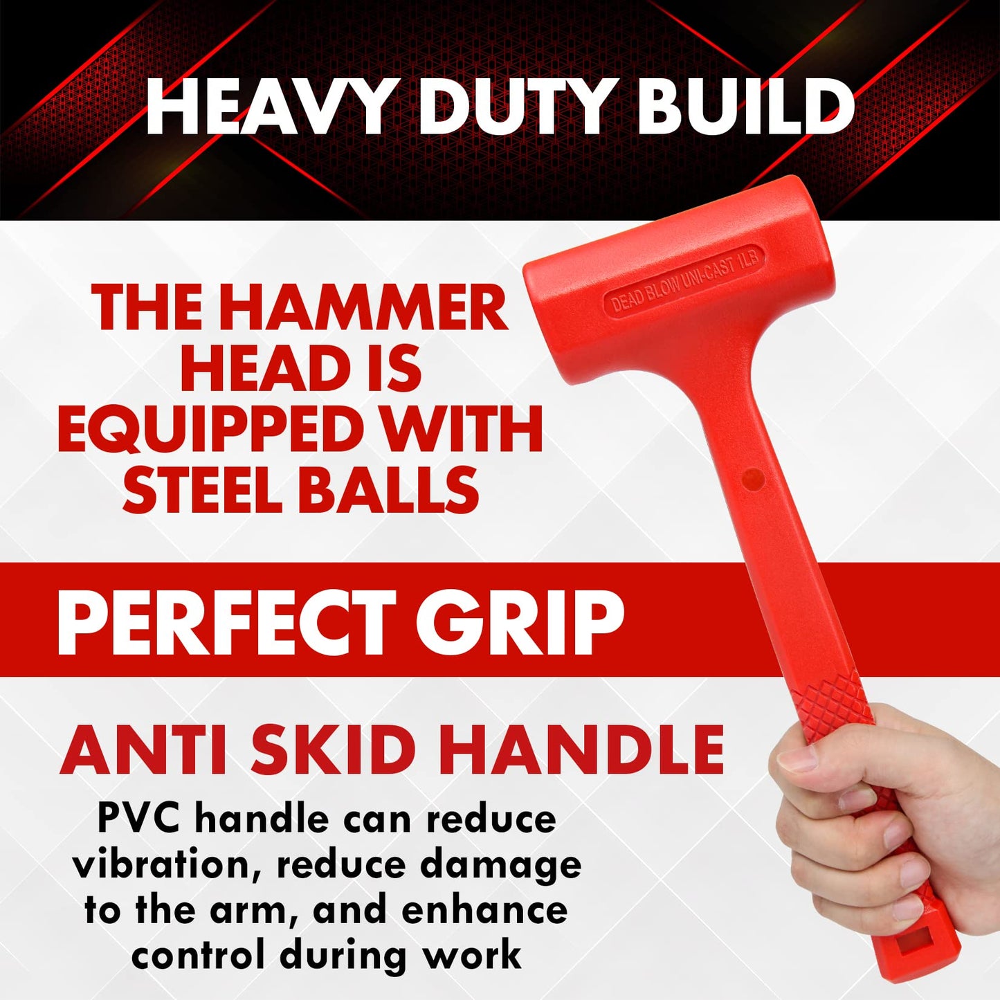 YIYITOOLS 1LB Dead Blow Hammer- Red, Mallet | Machinist Tools | Unibody Molded | Checkered Grip | Spark and Rebound Resistant