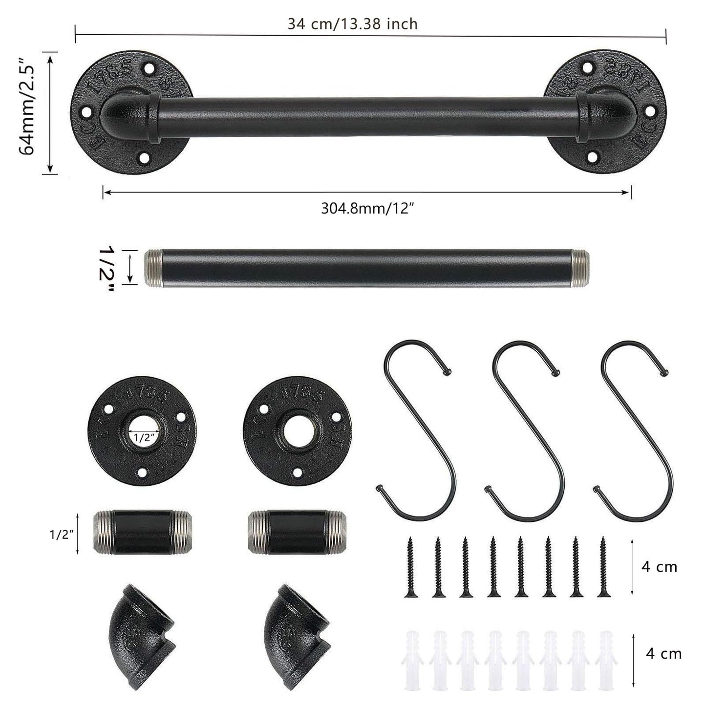 Jeasor Industrial Pipe Towel Rack Towel Bar, Heavy Duty Wall Mounted Rustic Farmhouse Bath Towel Holder for Bathroom (Black, 12 inch)