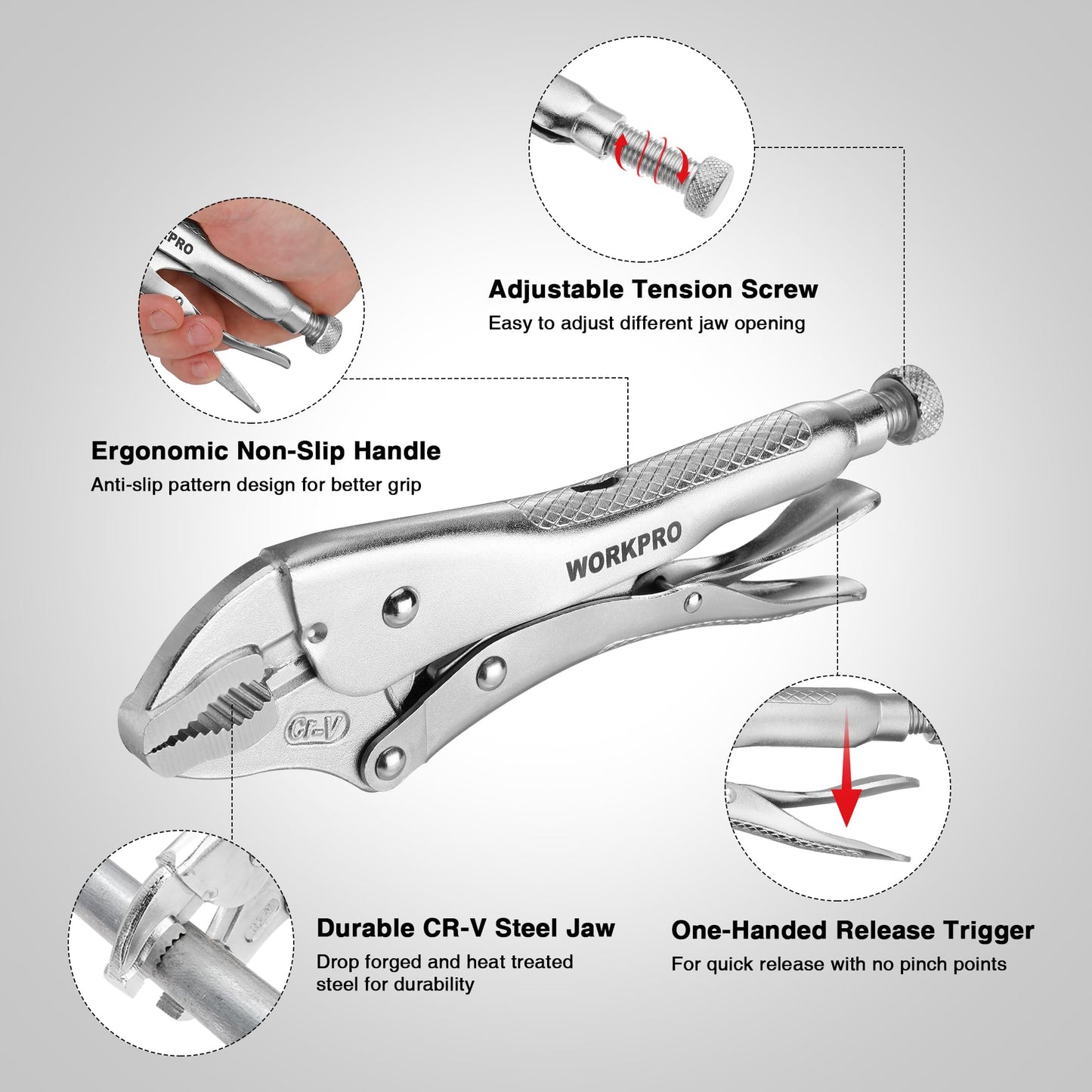WORKPRO 10-Inch Locking Pliers, Curved Jaw Vise Grips with Wire Cutter, Chromium-Vanadium Steel Adjustable Locking Pliers for Clamping, Twisting & Welding