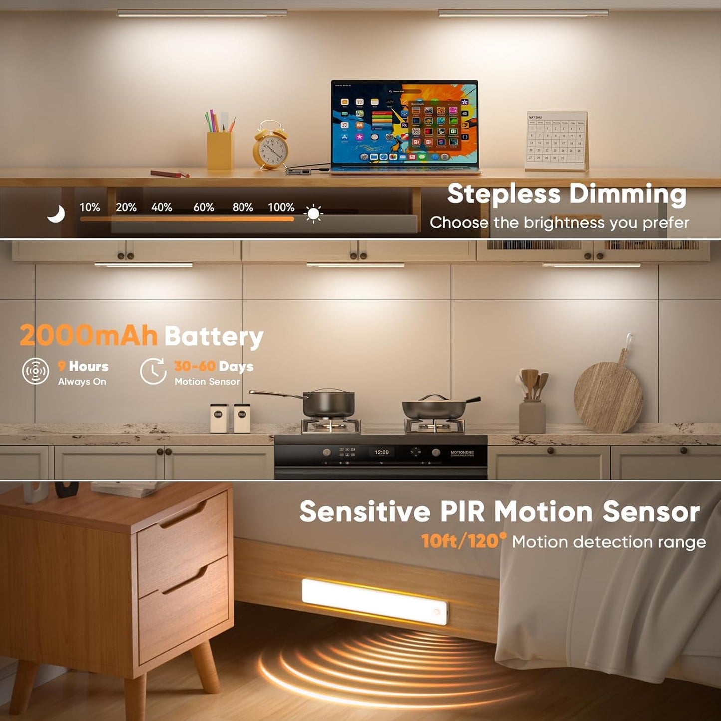 Under Cabinet Motion Sensor Lights, USB Rechargeable, Battery Operated, Magnetic, Auto Shut-Off, Gradual Eye-Care Brightness, 2-Pack