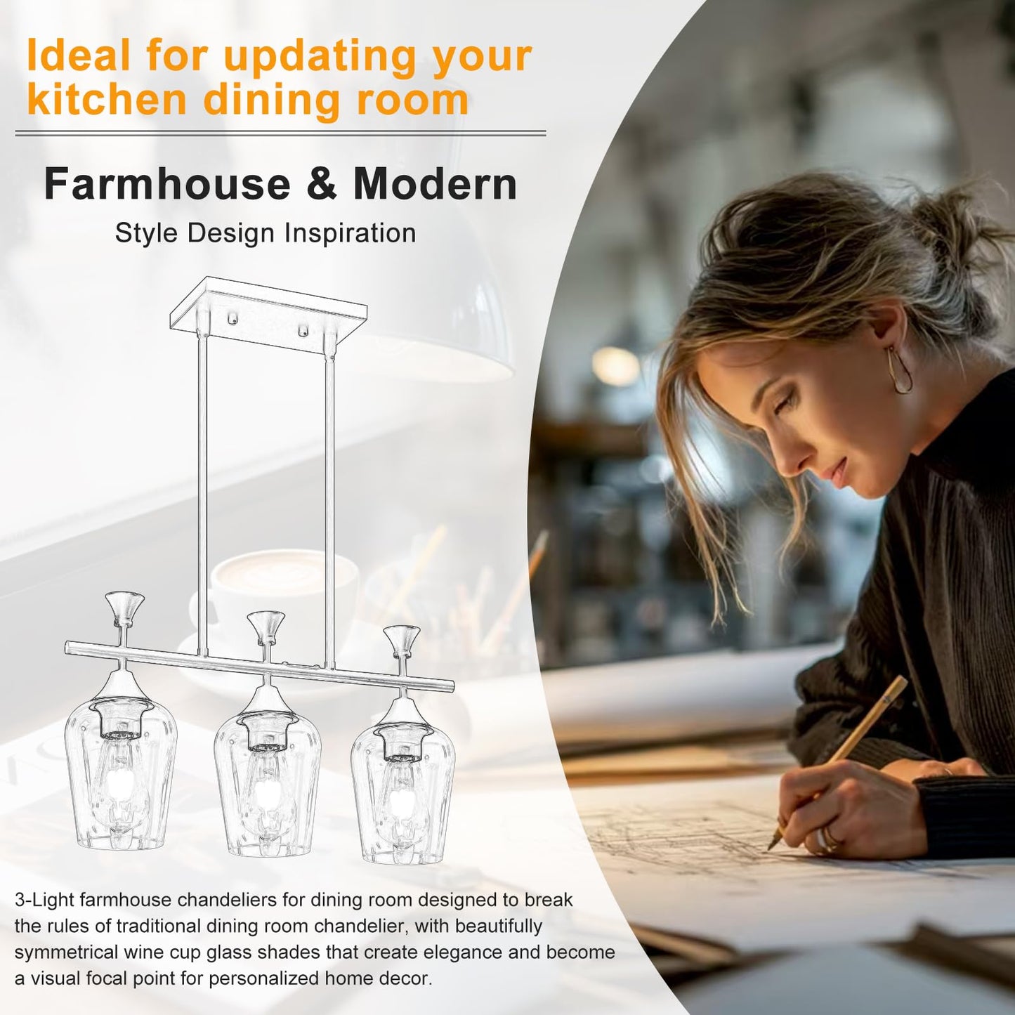 21.2'' Farmhouse Linear Chandelier, 3-Light Dining Room & Kitchen Island Pendant, Matte Black Ceiling Light with Clear Glass Shades