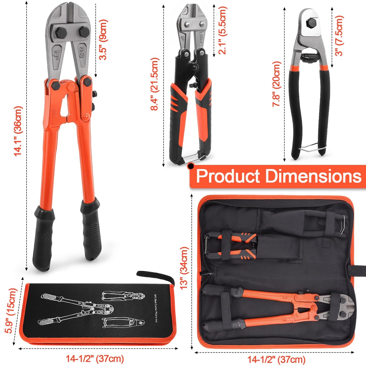 3Pcs Bolt Cutter Set with 14" Heavy Duty, 8" Mini & Wire Rope Cutters with Storage Bag for Locks, Chains, Steel, Metal, Fence