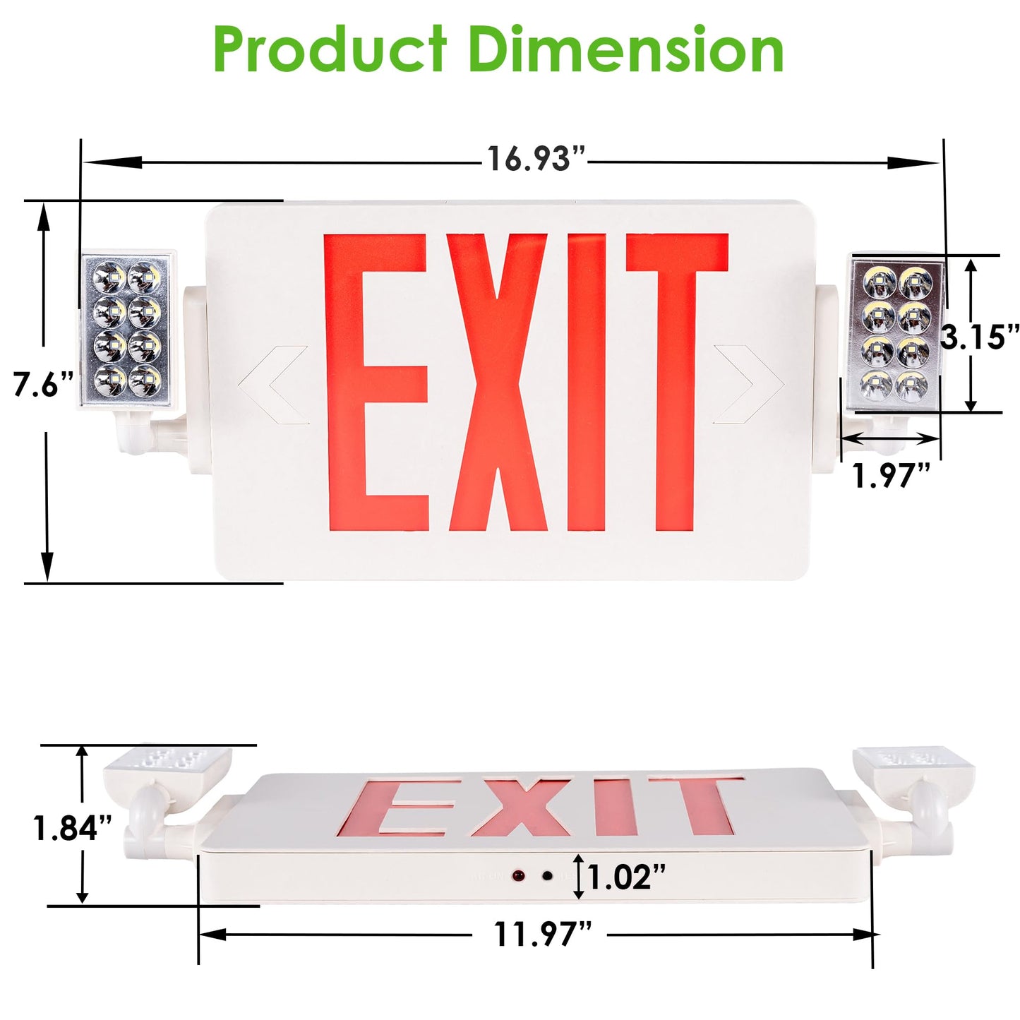 Gruenlich 2-Pack LED Combo Exit Sign with Emergency Light, Adjustable Heads, Double Face, Backup Batteries, UL 924, 120-277V, Red US Standard