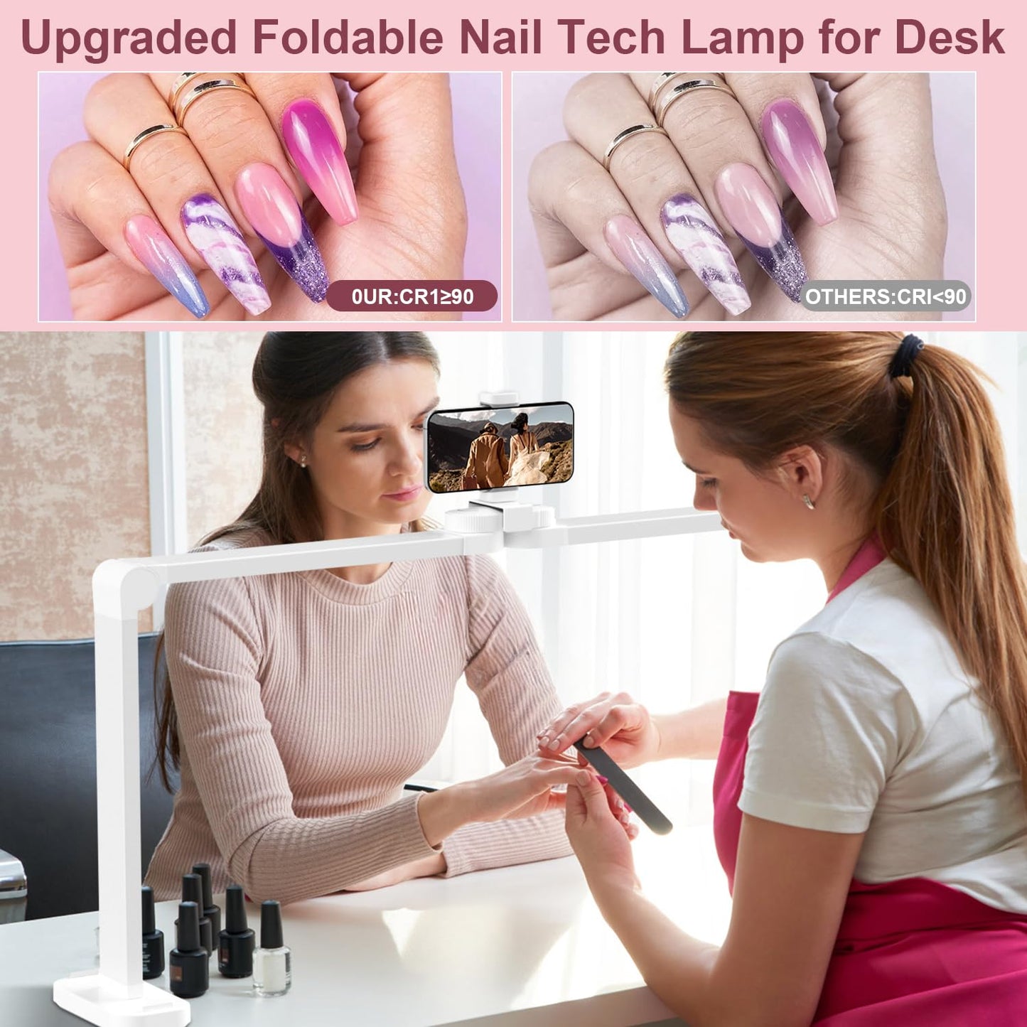 iVict 34" Nail Desk Lamp with Phone Stand, Adjustable Brightness 0-100%, 3000K-6000K LED Light for Nails, Tattoos & Beauty