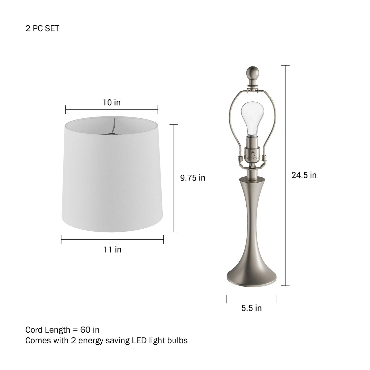 Table Lamps - Set of 2 Mid-Century Modern Lights with Metal Flared Trumpet Base - Includes Energy Efficient LED Light Bulbs by Lavish Home (Silver)