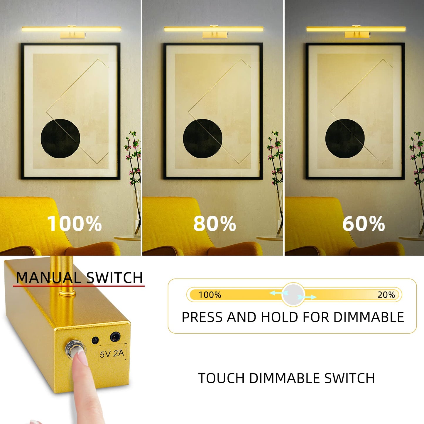 FUNCHDAY Picture Light, 5000mAh Battery Operated Art Light with Remote, Timer & Dimmable, 16” Metal Wall Painting Light, Gold