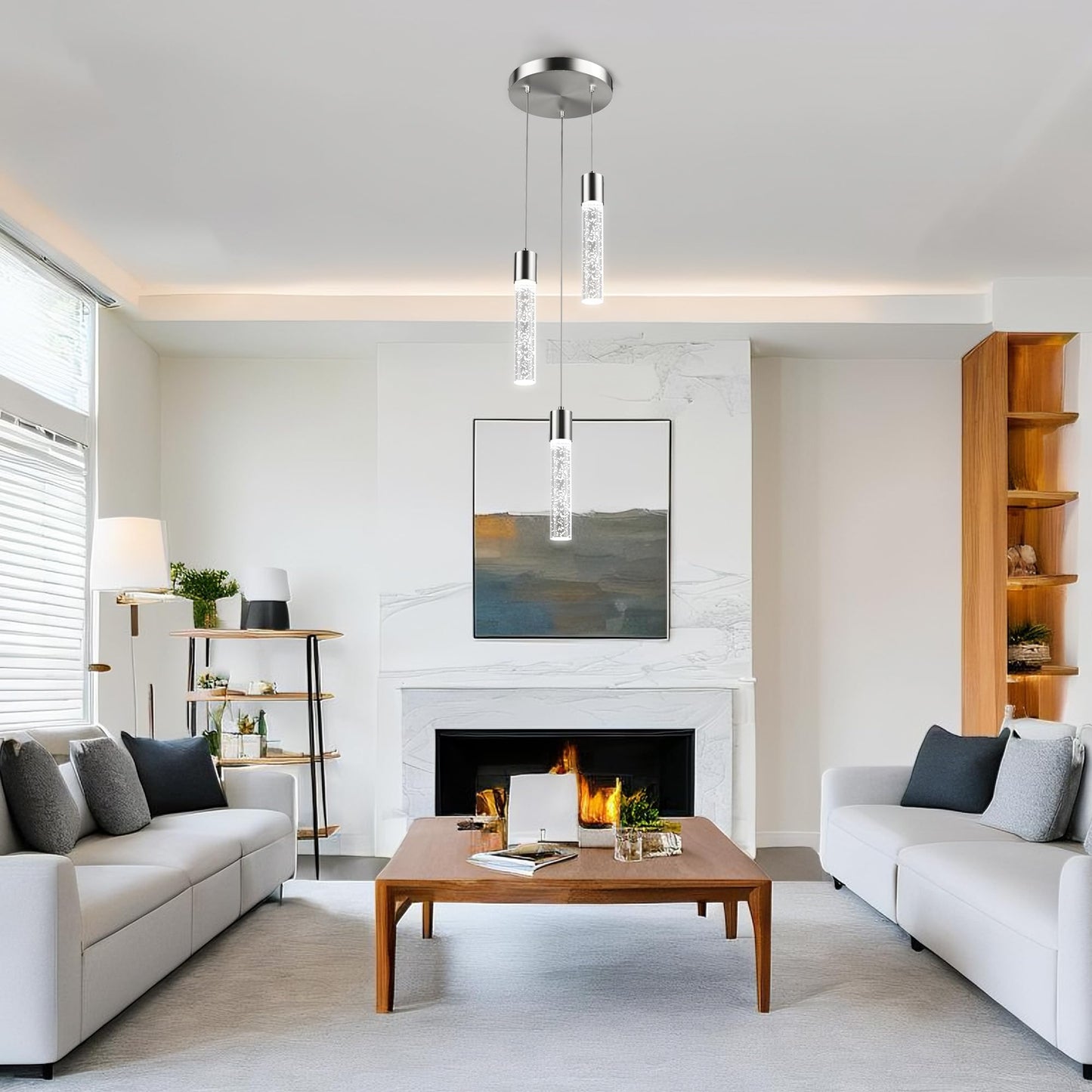 Esfos 3-Light Pendant Ceiling Light for Kitchen Island, Brushed Nickel with Crystal Bubble, Integrated LED 6500K Modern Hanging Light