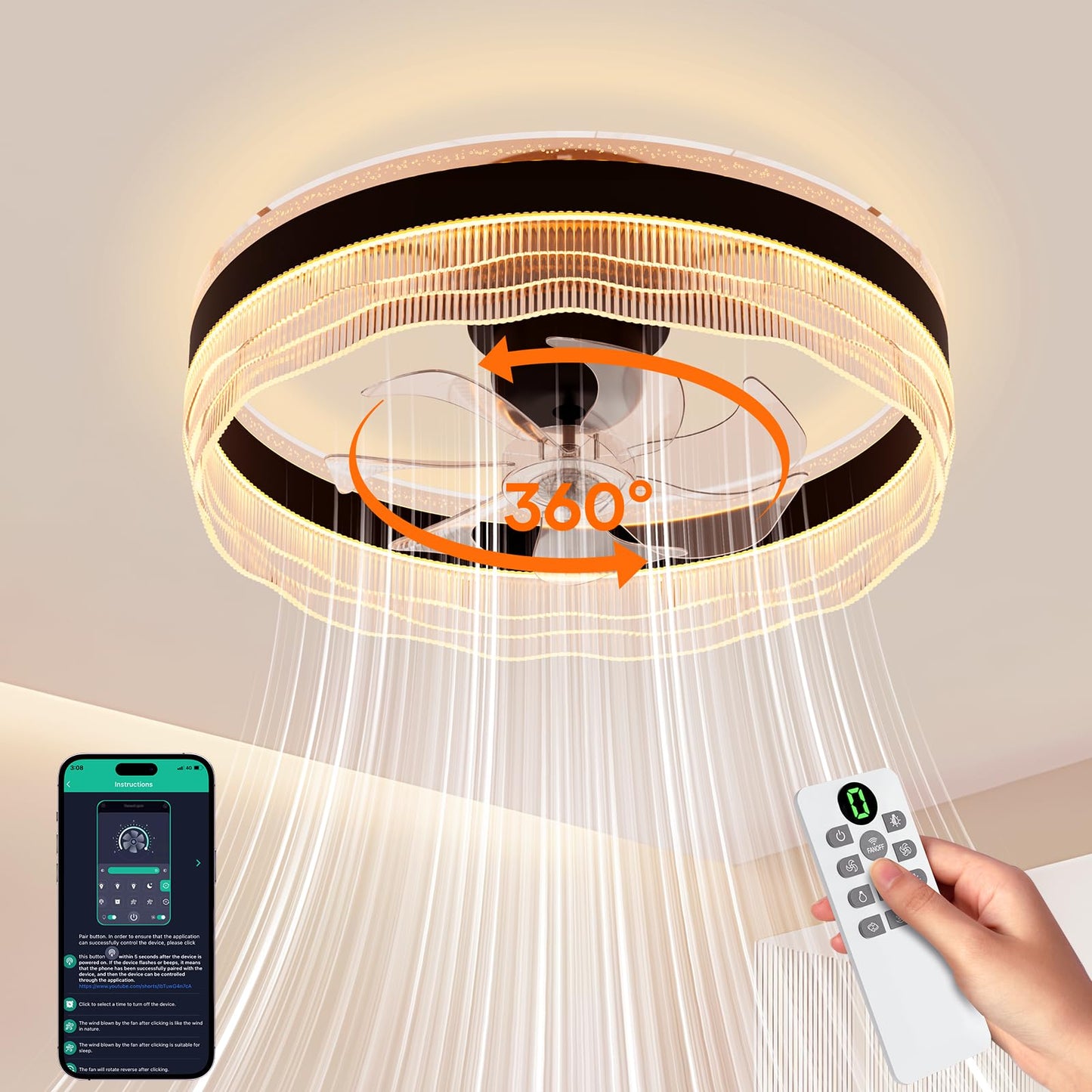 Kejector 20" Low Profile Ceiling Fan with Light, Bladeless Flush Mount LED Fandelier, Remote & App Control, 360° Oscillation