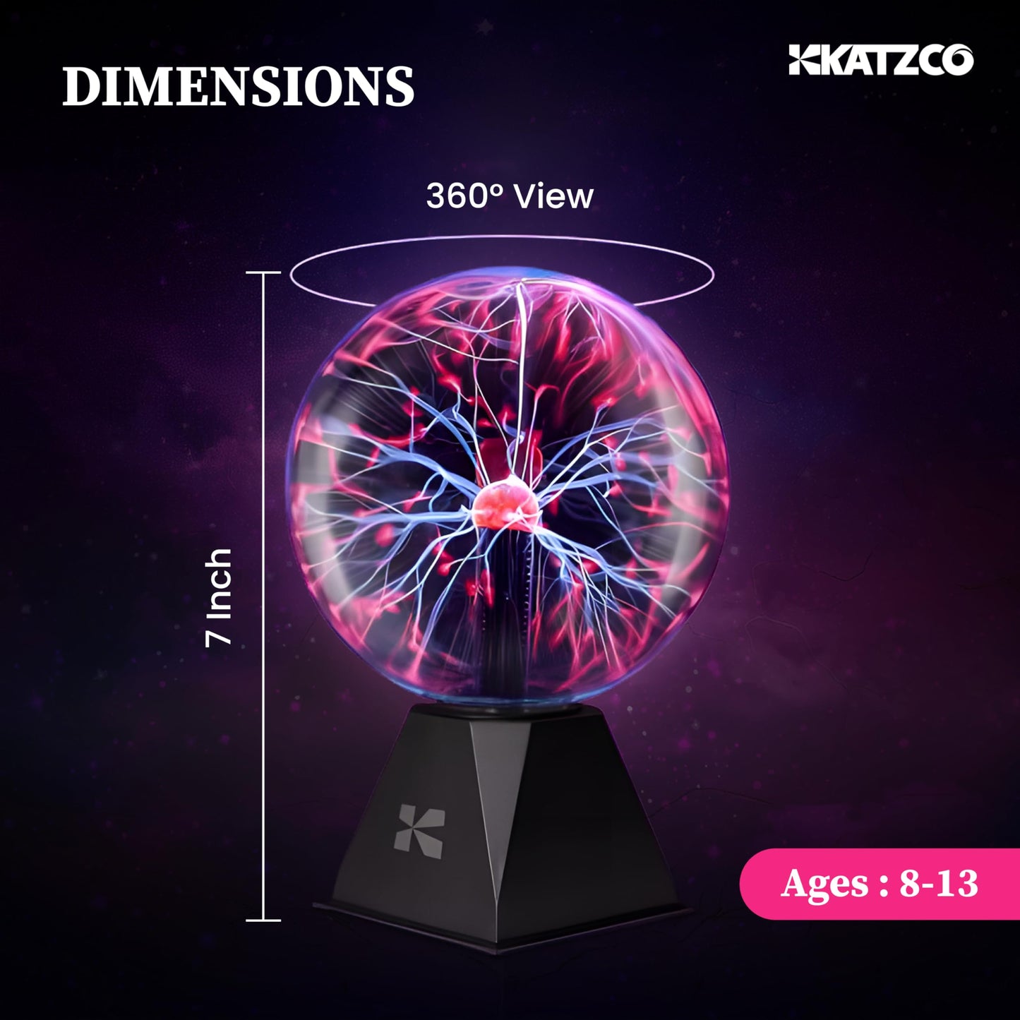 Katzco 7" Plasma Ball Lamp – Touch & Sound Sensitive Electric Globe with Lightning Effects, Plug-In Energy Sphere for Parties & STEM Learning