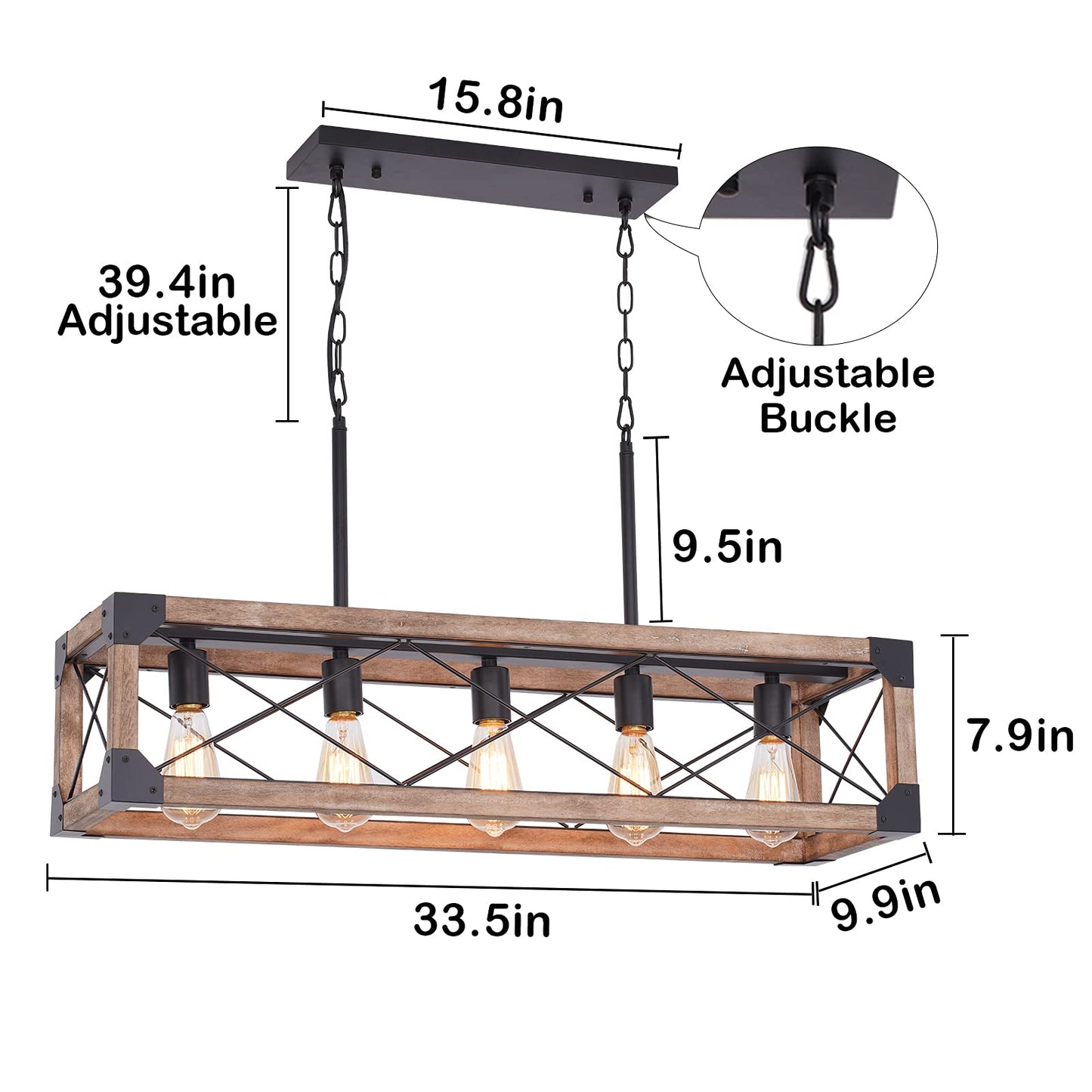 Airposta 33.5" 5-Light Farmhouse Kitchen Island Chandelier, Rustic Wood Grain Industrial Pendant Light for Dining & Pool Table