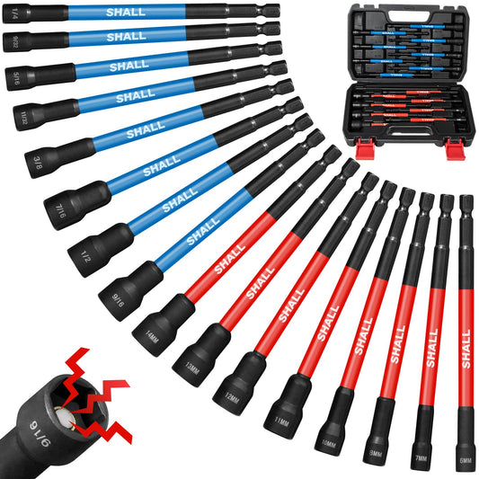 SHALL 16PCS Magnetic Nut Driver Set 6" Long, SAE & Metric, 1/4" Hex Shank, Impact Drill Bit Holder with Sturdy Tool Box