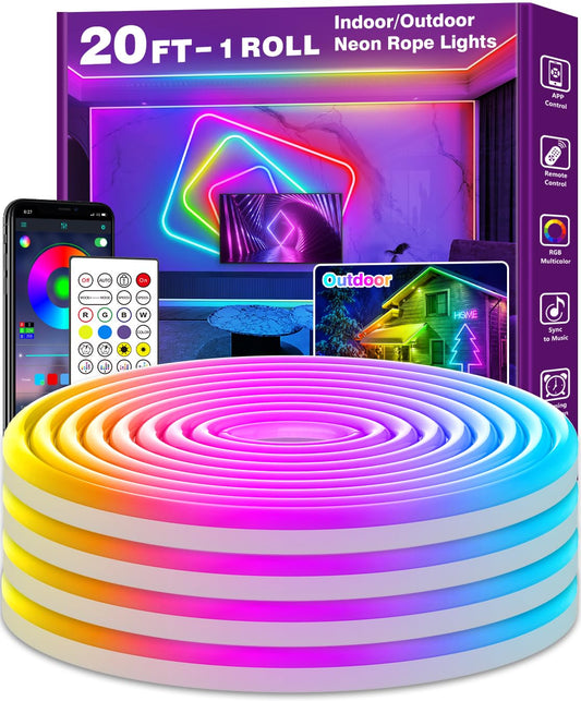 AILBTON 20Ft RGB Neon Rope Lights, Flexible LED Strip with App & Remote, Music Sync, Multiple Modes, Gaming, Bedroom & Outdoor Use