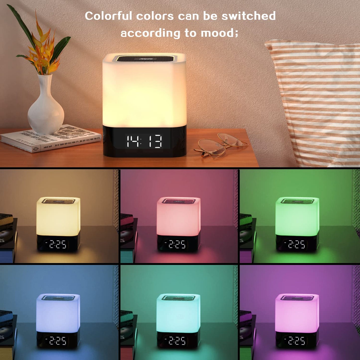Aisuo 5-in-1 Bedside Night Lamp with Bluetooth Speaker, Digital Clock, Alarm, Touch Control, Music Player, TF/SD Card, Gift for Teens