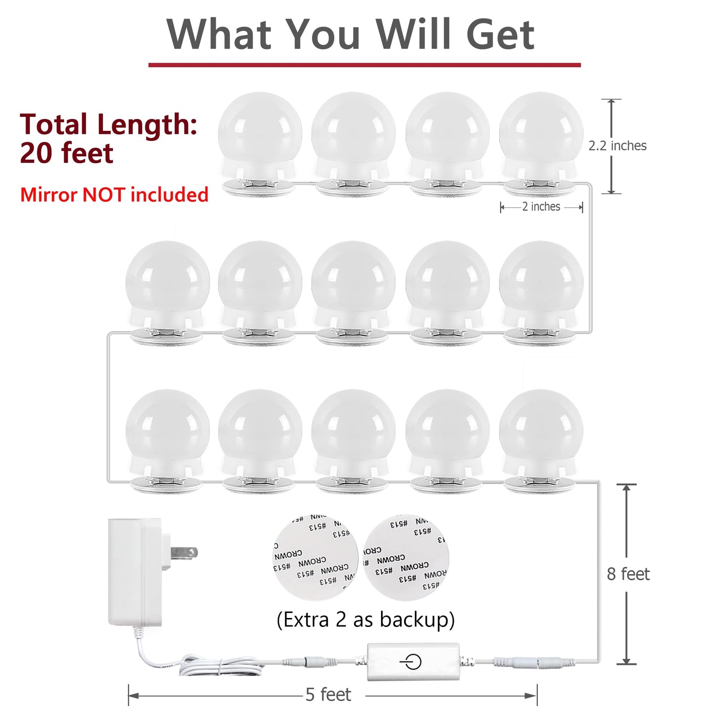 Waneway 14 Bulb Vanity Lights for Mirror, Plug-in Power Adapter & Touch Dimmer, 6,000K, 1350 Lumens (Mirror Not Included)