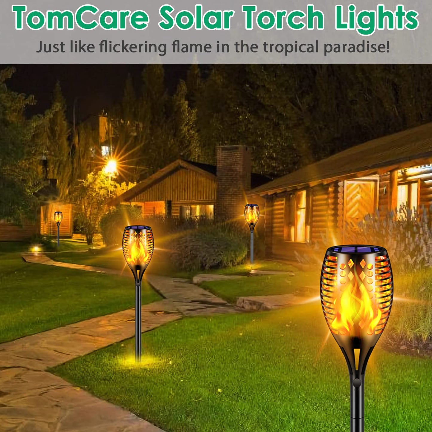TomCare Solar Torch Lights 43", 96 LED Flickering Flames, Waterproof Outdoor Pathway Lights for Garden, Patio, Yard, Auto On/Off (4 Pack)
