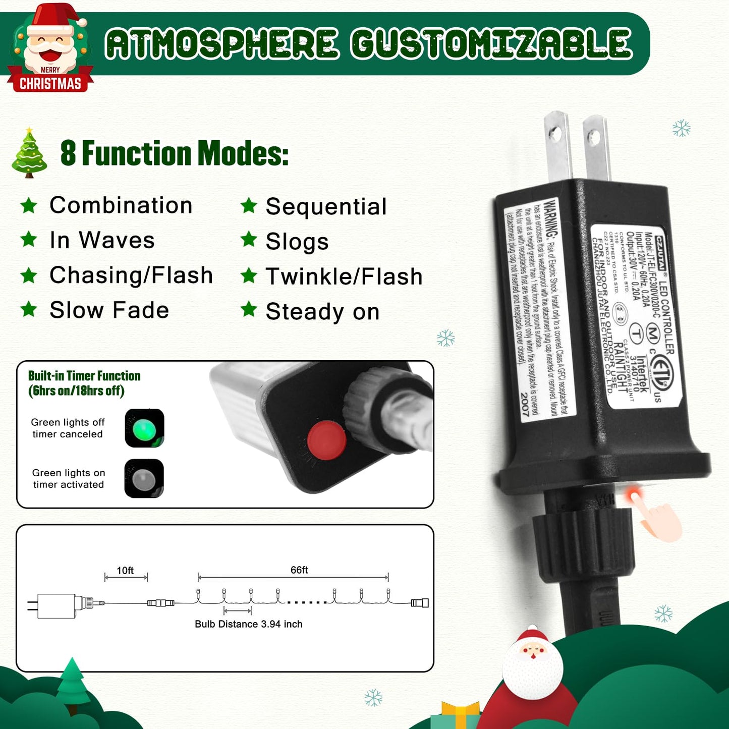 JMEXSUSS 66ft 200 LED Christmas String Lights, Warm White Plug-In, 8 Twinkle Modes for Indoor Outdoor Tree, Bedroom & Party Decor