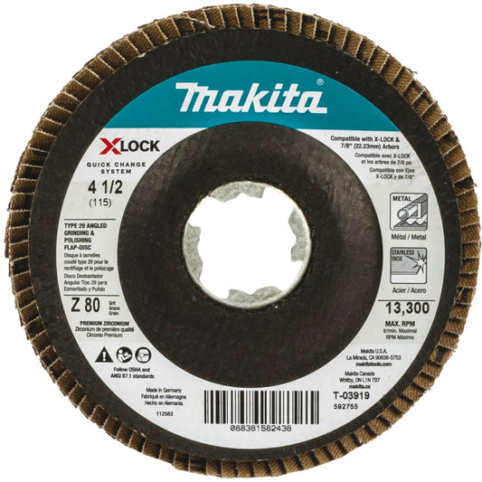 Makita T-03919 X-Lock 4‑1/2" 80 Grit Type 29 Angled Grinding and Polishing Flap Disc for X-Lock and All 7/8" Arbor Grinders