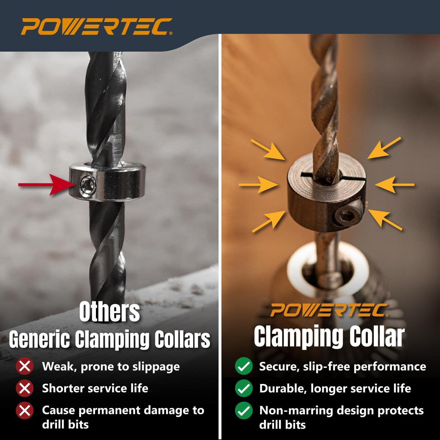 POWERTEC 7-Piece Drill Bit Stop Collar Kit, Metric Sizes 3-12mm, Adjustable Depth with M4 Allen Wrench (71492)