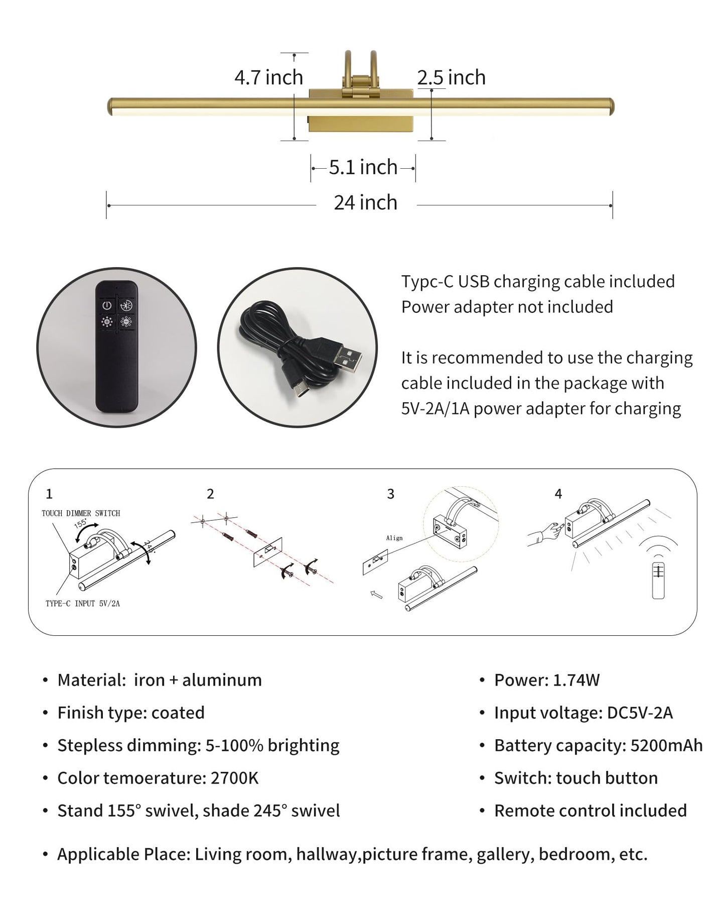 **KDG 24” LED Cordless Picture Light with Remote, 7000mAh Rechargeable Dimmable Art Light, Adjustable Swing Arm, Bronze**
