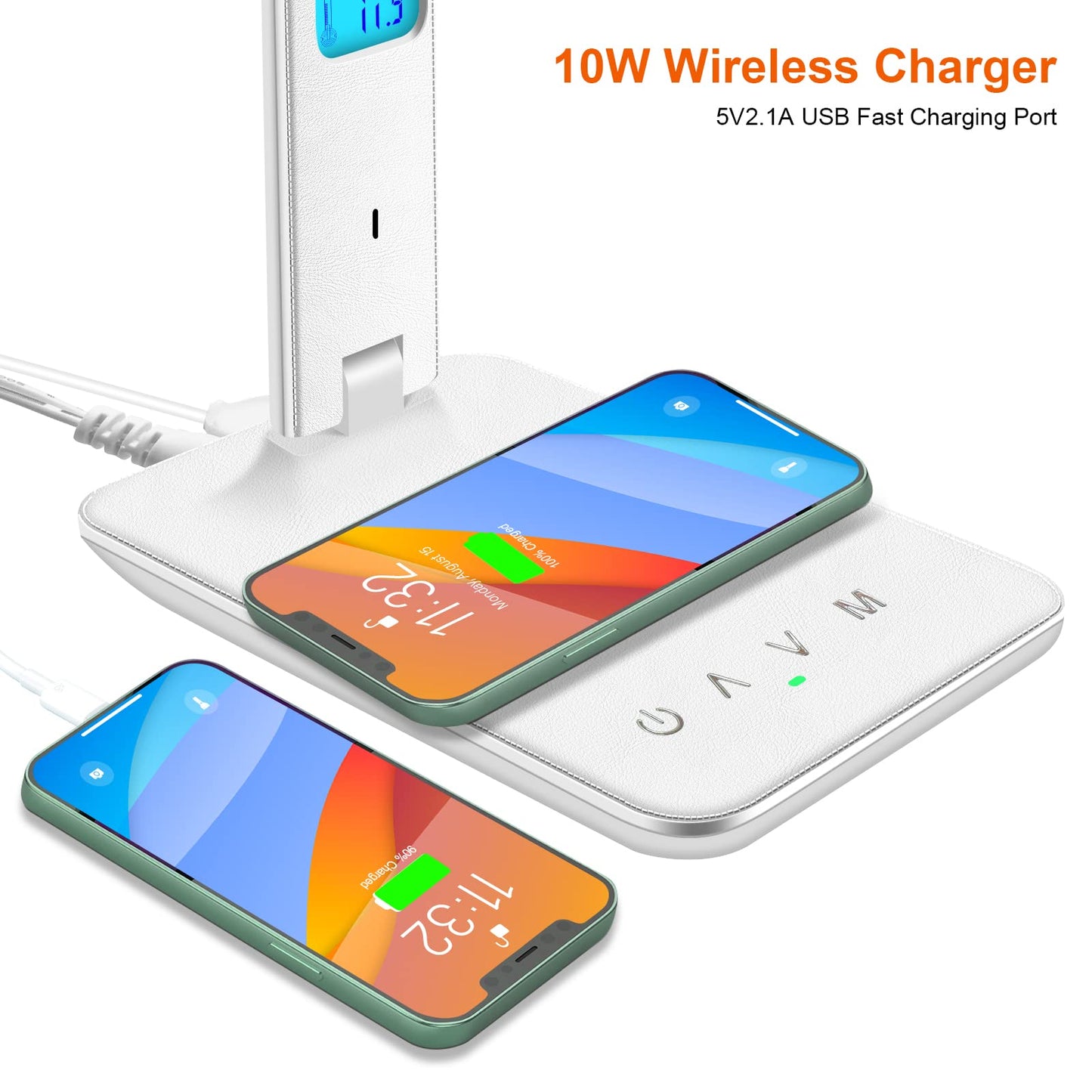 snsok Desk Lamp with Wireless Charger & USB Port, Dimmable LED Light with Clock, Alarm, Date, Temperature – Foldable for Bedside & Office