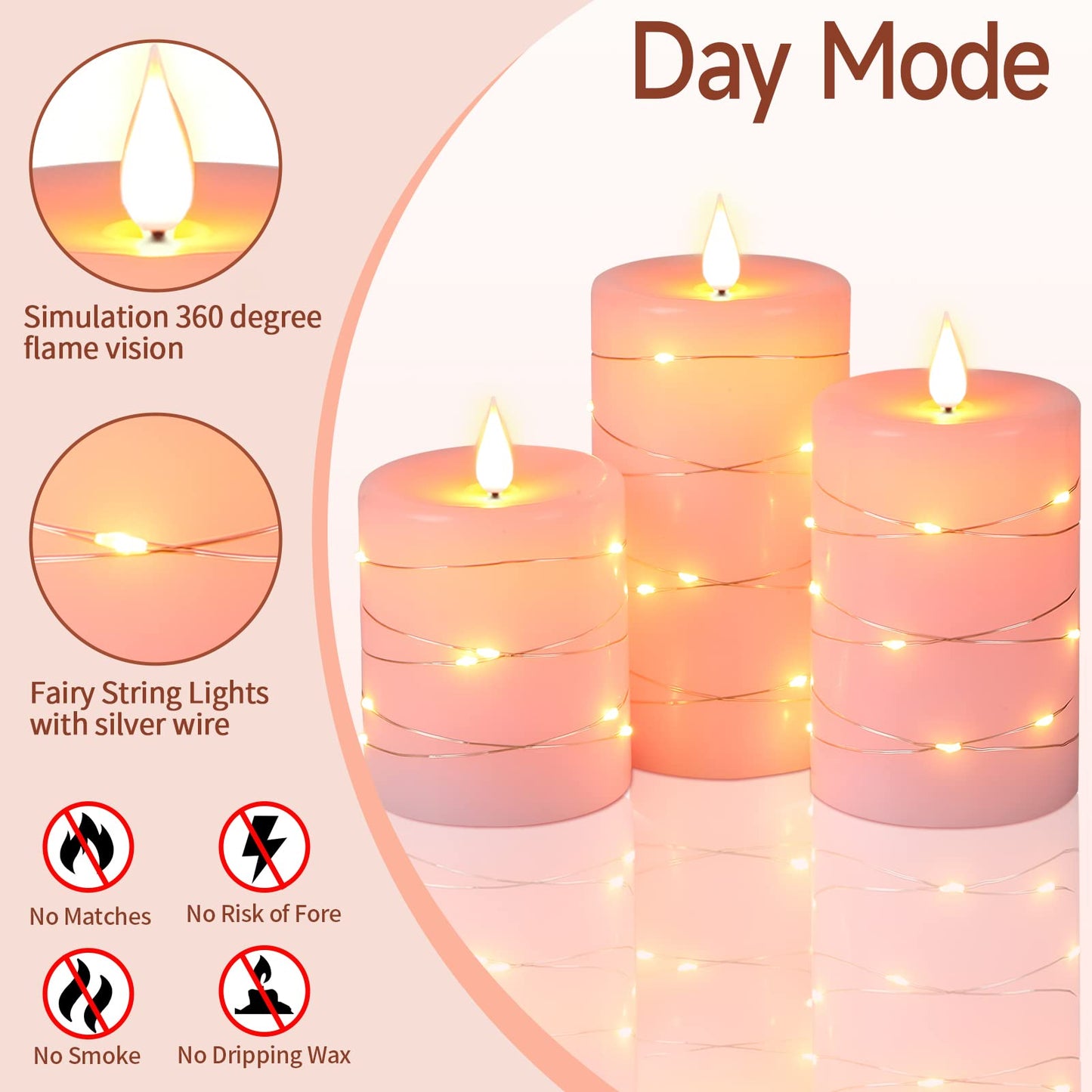 Da by Flameless Candles with String Lights，Battery Operated Candles,LED Flickering Candles with Remote Control and Timer, Real Wax, 3 Pack-Pink