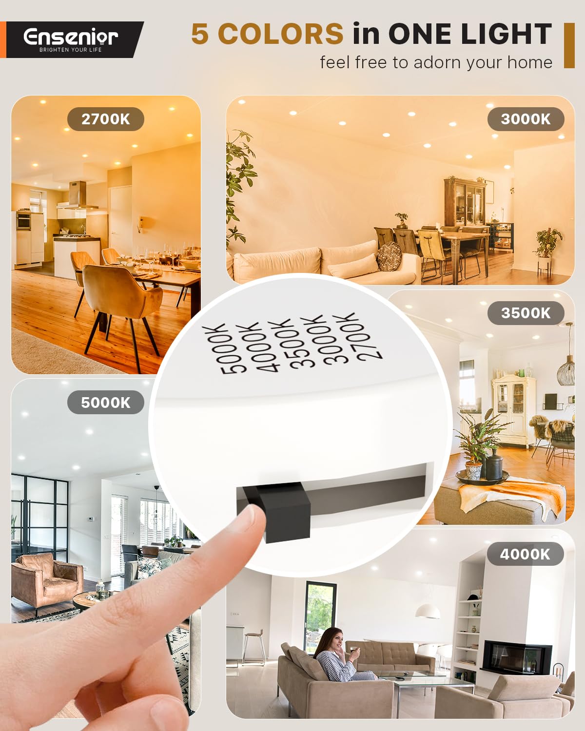 Ensenior 5/6" 5CCT LED Can Lights 12 Pack, Dimmable Retrofit Recessed Lighting, Baffle Trim, 9W=110W, 1000LM, 2700K-5000K, IC Rated