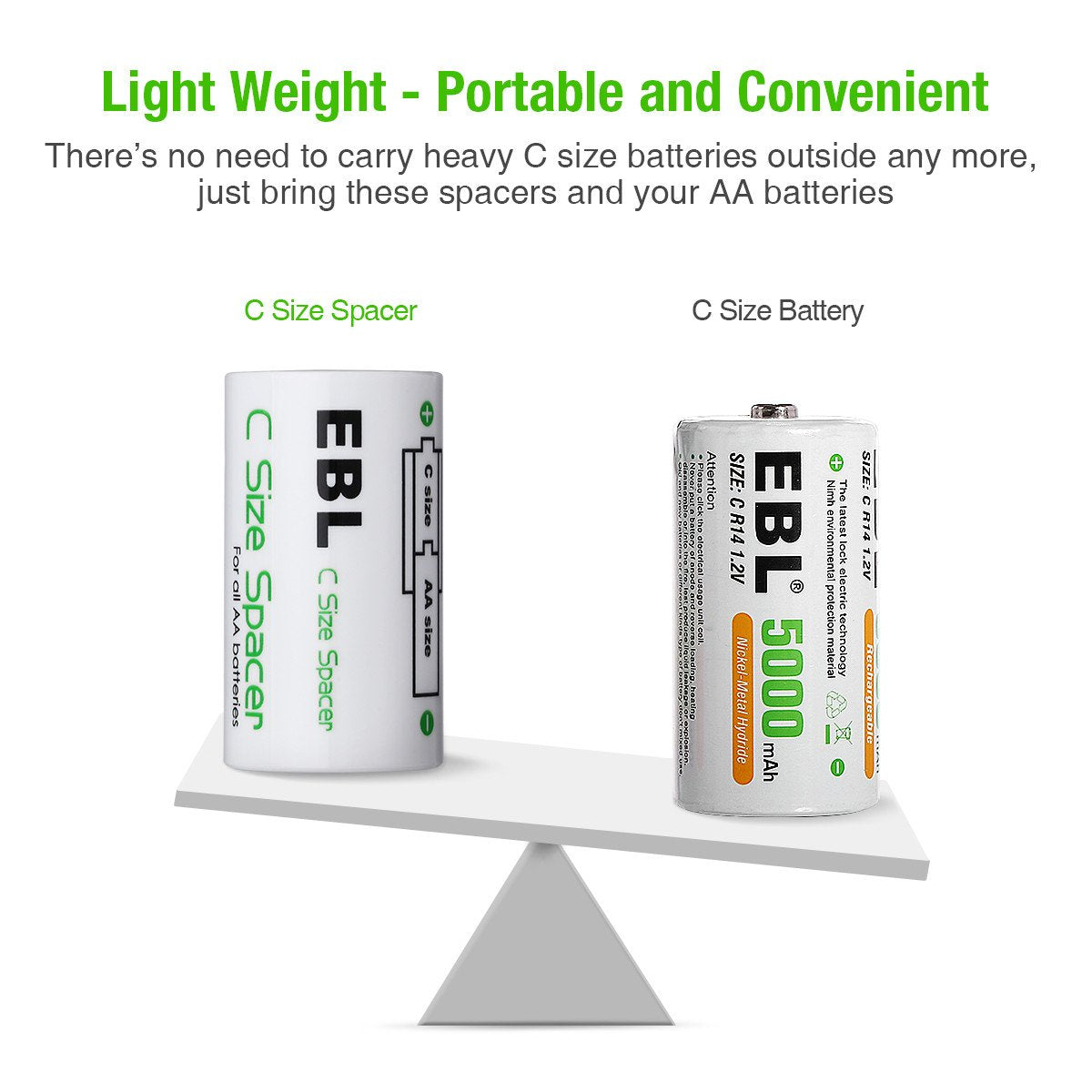 EBL C Size Battery Adapters, AA to C Size Battery Spacer Converter Case Use with Rechargeable AA Cells - 4 Pack