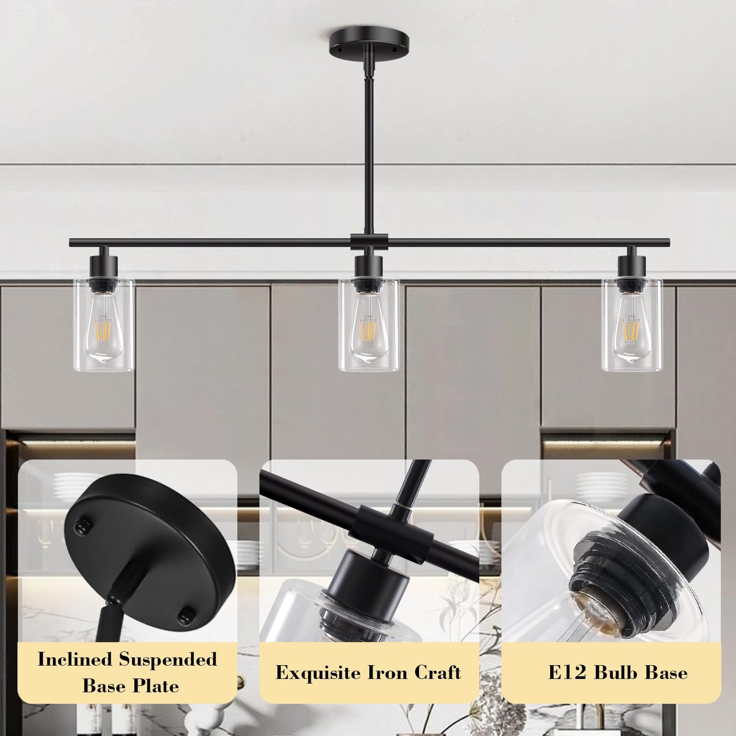 **Yarlkav Kitchen Island Lighting, 3-Light Linear Rectangle Chandelier Pendant, Farmhouse Dining Room Hanging Light with Glass Shades, Black**