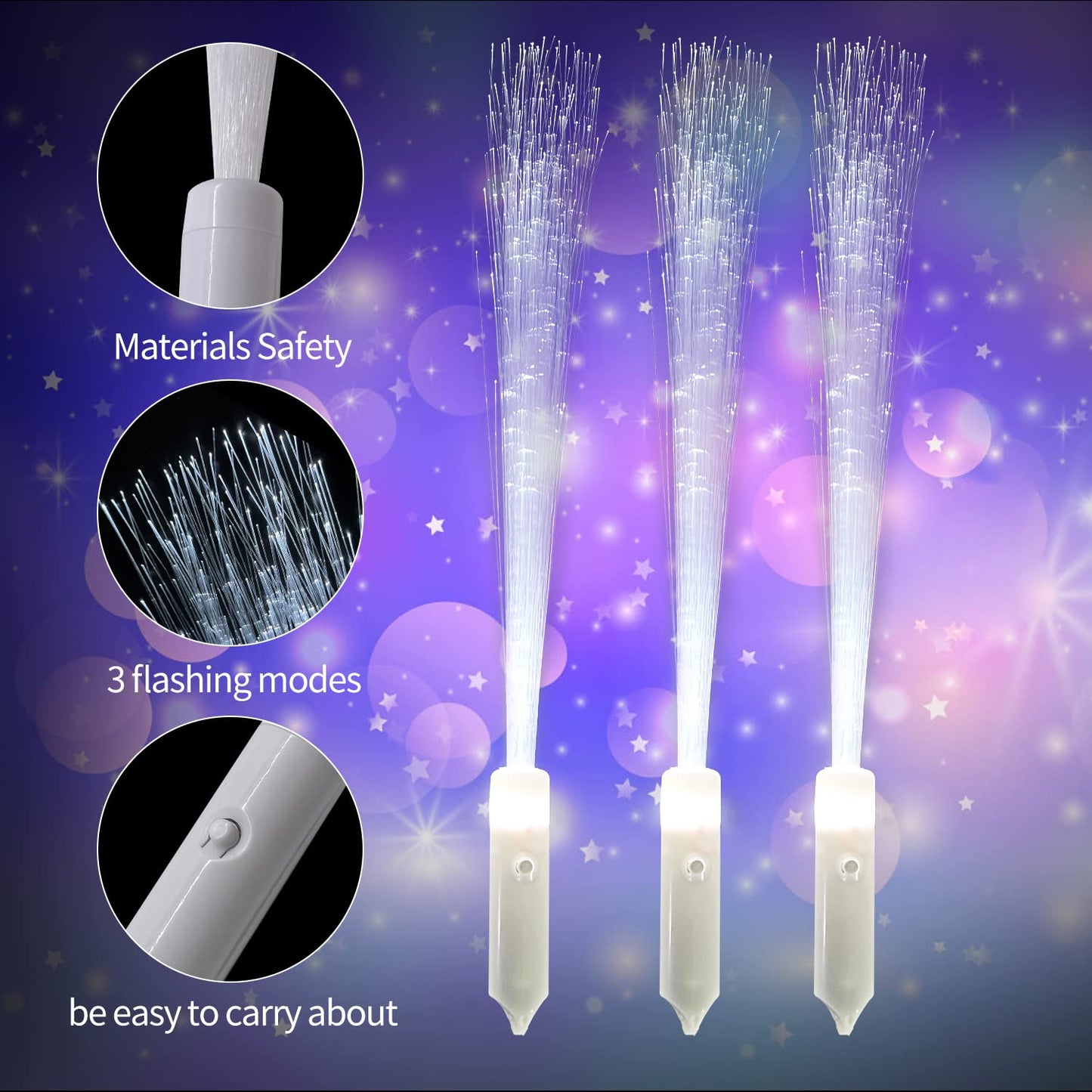 SZHFU 15-Pack LED Glow Sticks for Kids & Parties, White Fiber Optic Wands with 3 Light Modes, Perfect for Weddings, Showers & Christmas