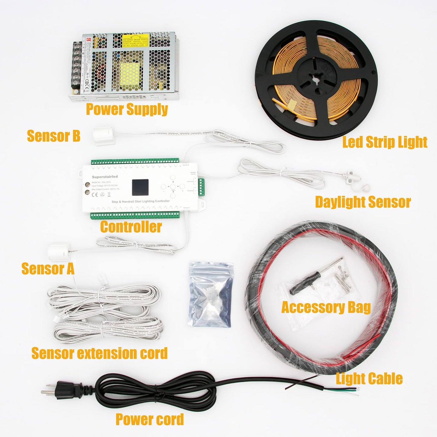 SuperStairLED Motion-Activated LED Stair Light Kit with Daylight Sensor, Cuttable 3000K COB Strips, Fits up to 16 Steps