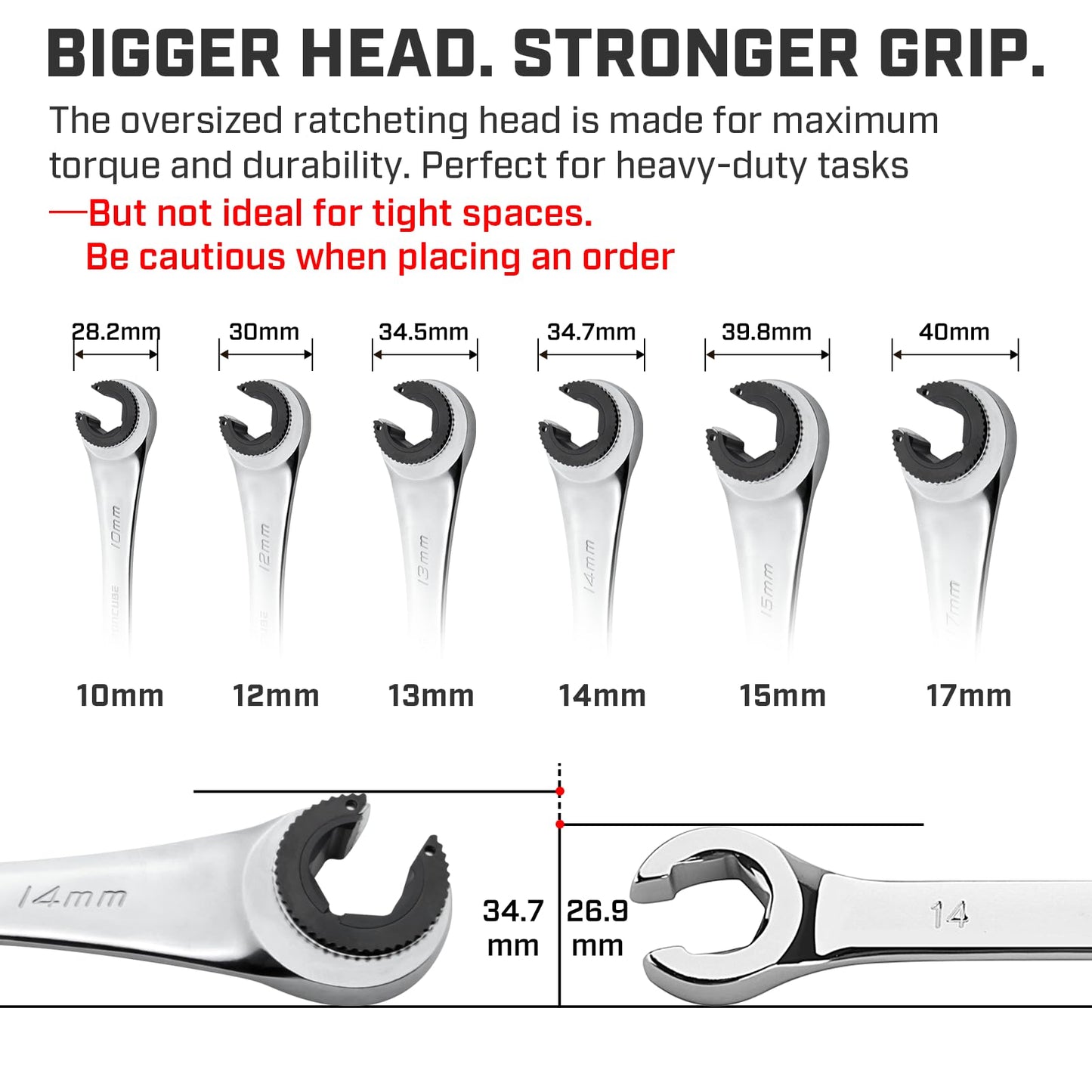 ironcube Brake Line Wrench Set: Metric 10-17mm - Ratcheting Open-end for Nuts on Fuel, Brake or Air Conditioning Lines
