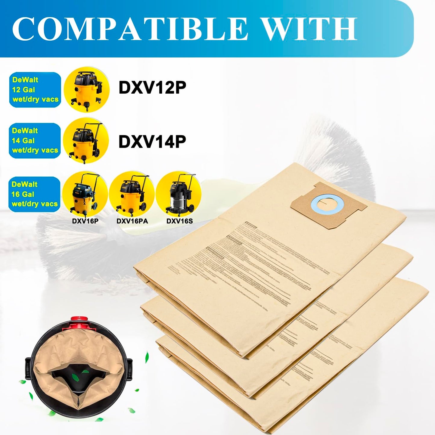 BIHARNT 12 Pack DXVA19-4102 Dust Bags for DEWALT 12-16 Gallon Wet Dry Vacuum, Compatible with DXV12P DXV14P DXV16P DXV16PA DXV16S