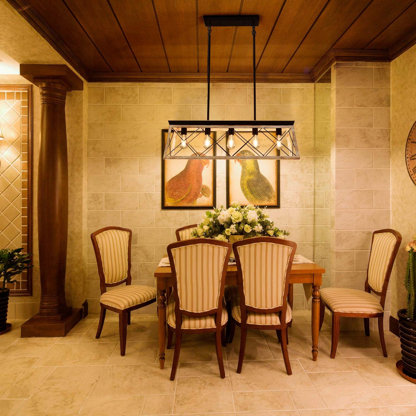 **Luupyia Farmhouse Rectangular Chandelier, 5-Light Rustic Linear Island Pendant for Kitchen, Dining Room & Pool Table, Beige**